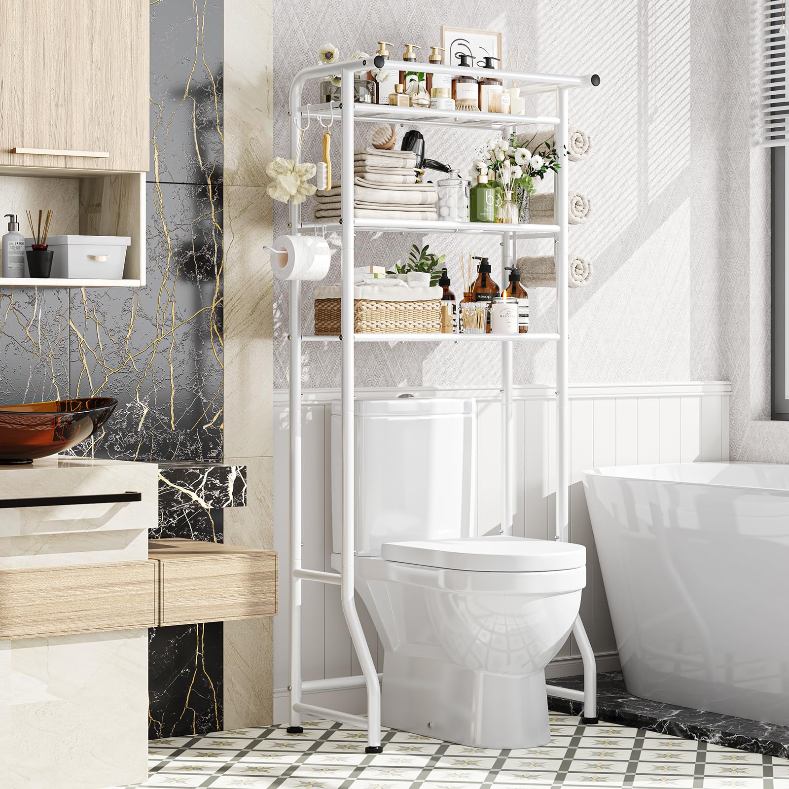 Simple Trending 3 Tier Over The Toilet Storage Rack, Metal Bathroom Shelf, Bathroom Stand Organizer Space Saver with Paper Holde