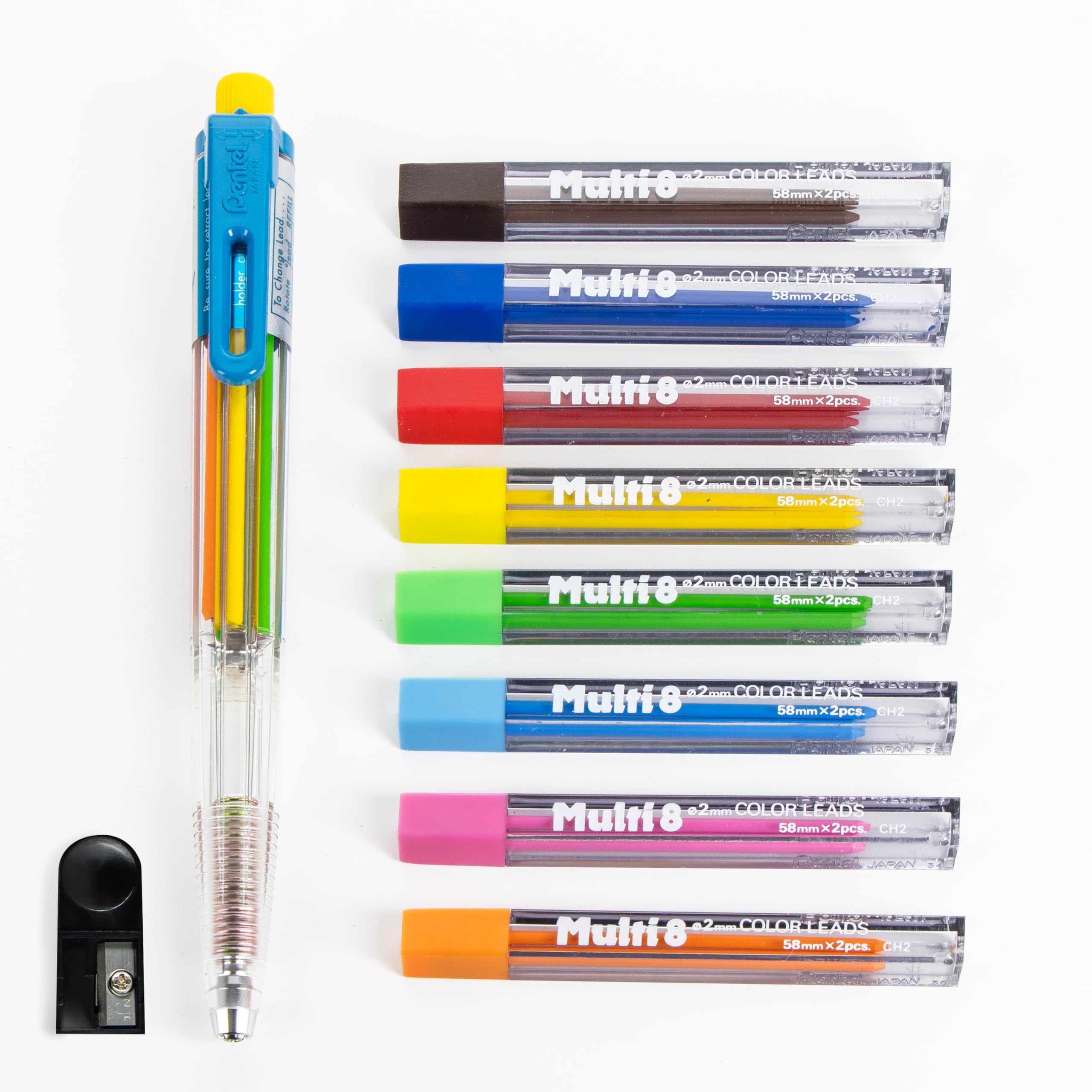 Pentel 8 Color Automatic Pencil Box Set, Assorted Accent Clip Colors, 8 Color Lead Refills And Sharpener (Ph158-St)