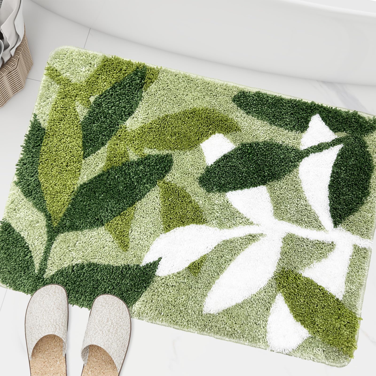 ZebraSmile Sage Bathroom Rugs Green Leaves Microfiber Bath Mat Water Absorbent Bathroom Rug with Non Slip Back for Wash Basin Sh