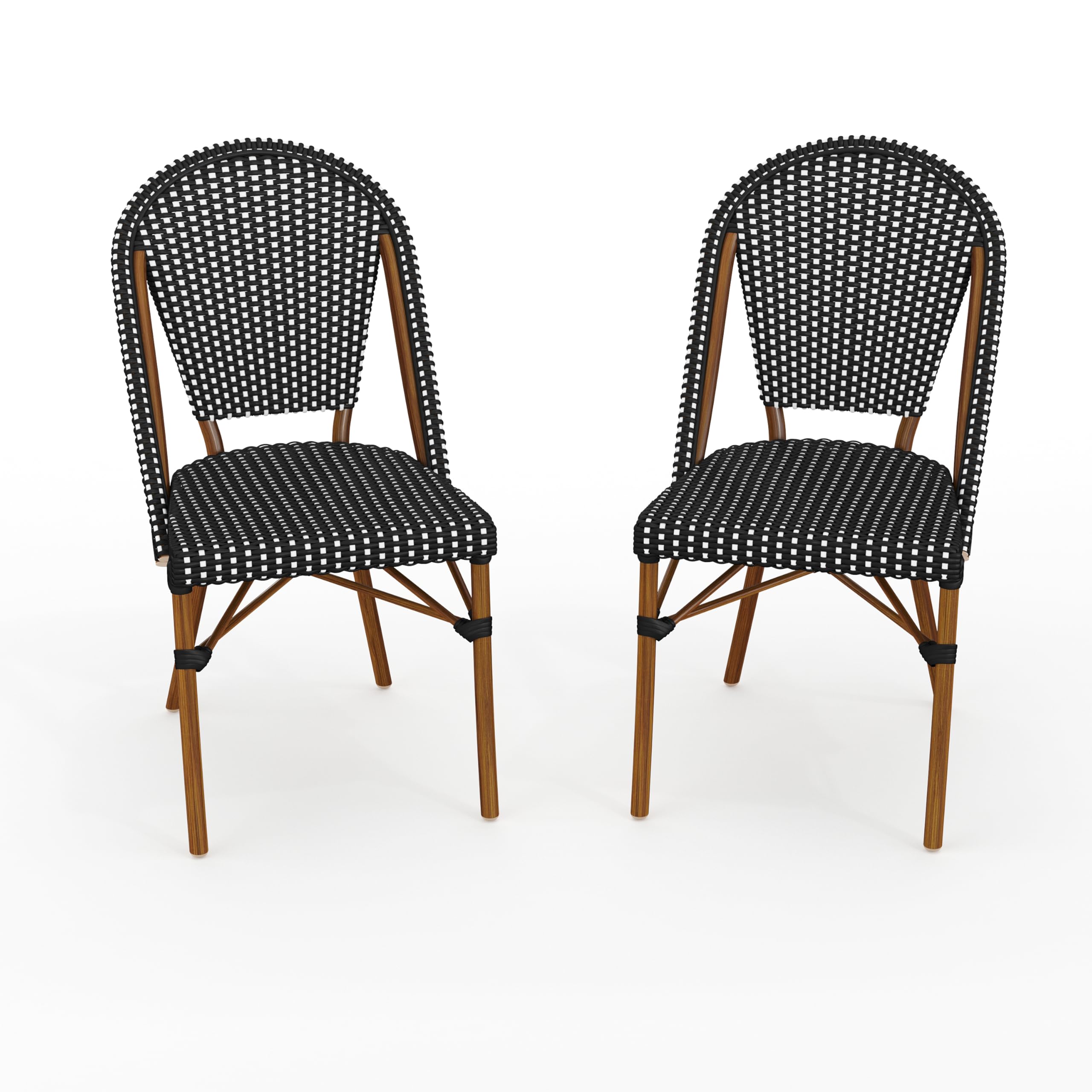 Martha Stewart Lily Pond Indoor-Outdoor Stackable Bistro Chairs with Natural Woodgrain Aluminum Frame Finish, Black/White Woven 