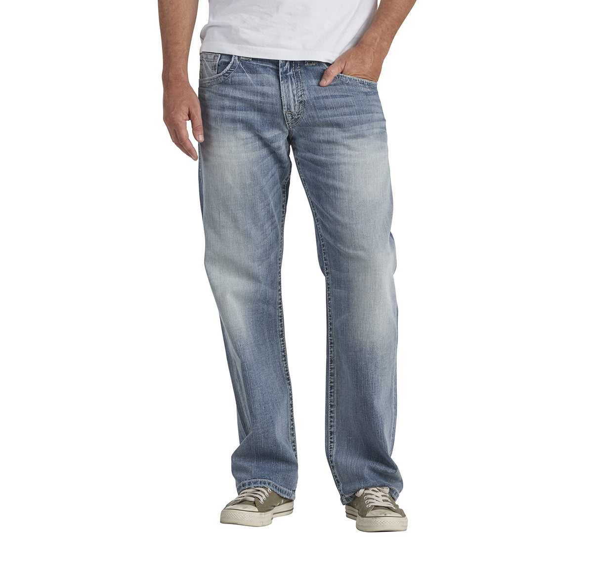 Silver Jeans Co Mens Gordie Loose Fit Straight Leg Jeans, Light Wash Indigo, 36W X 34L
