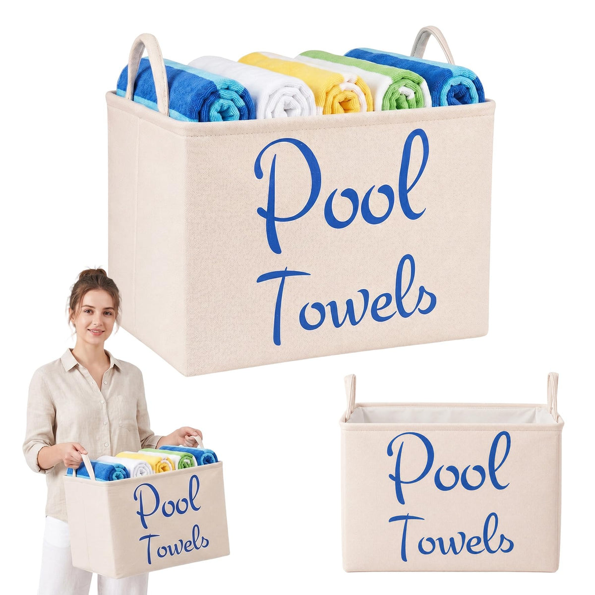 Klmnop Large Pool Towel Storage Basket and Organiser, Cotton Canvas Basket with Waterproof Lining and Handles for Poolside, Outd