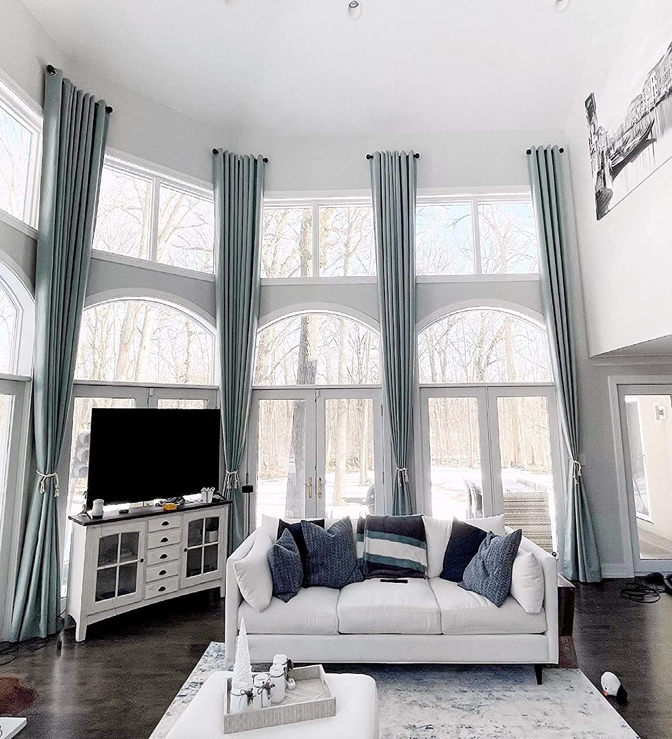 Ikiriska 100% Blackout Extra Long Linen Curtain (1 Panel). Thick Thermal Insulated. Custom Made 8-24 Ft Length (Light Gray, 132'