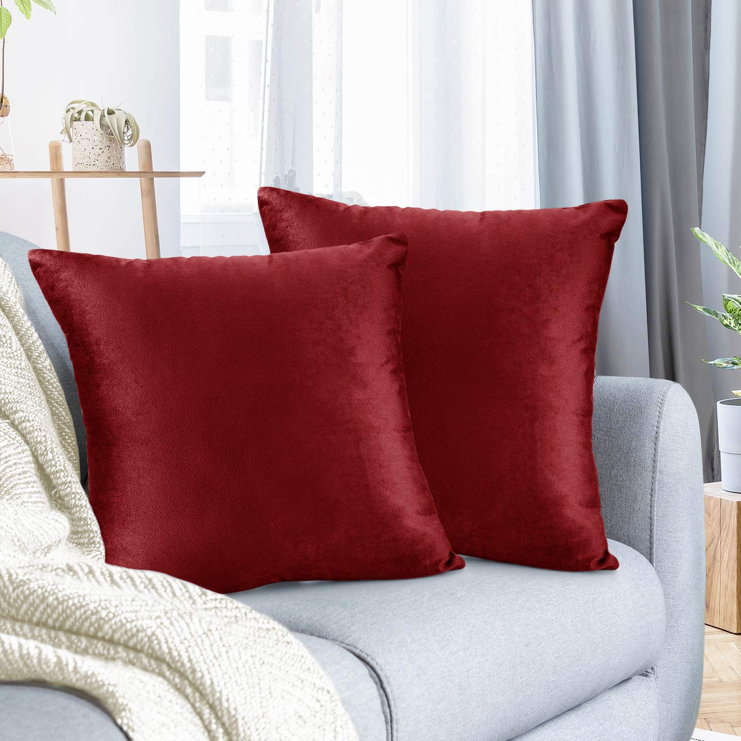Nestl Throw Pillow Covers, Cozy Velvet Decorative Red Pillow Covers 18 X 18 Inches, Soft Solid Couch Pillow Covers For Sofa, Bed
