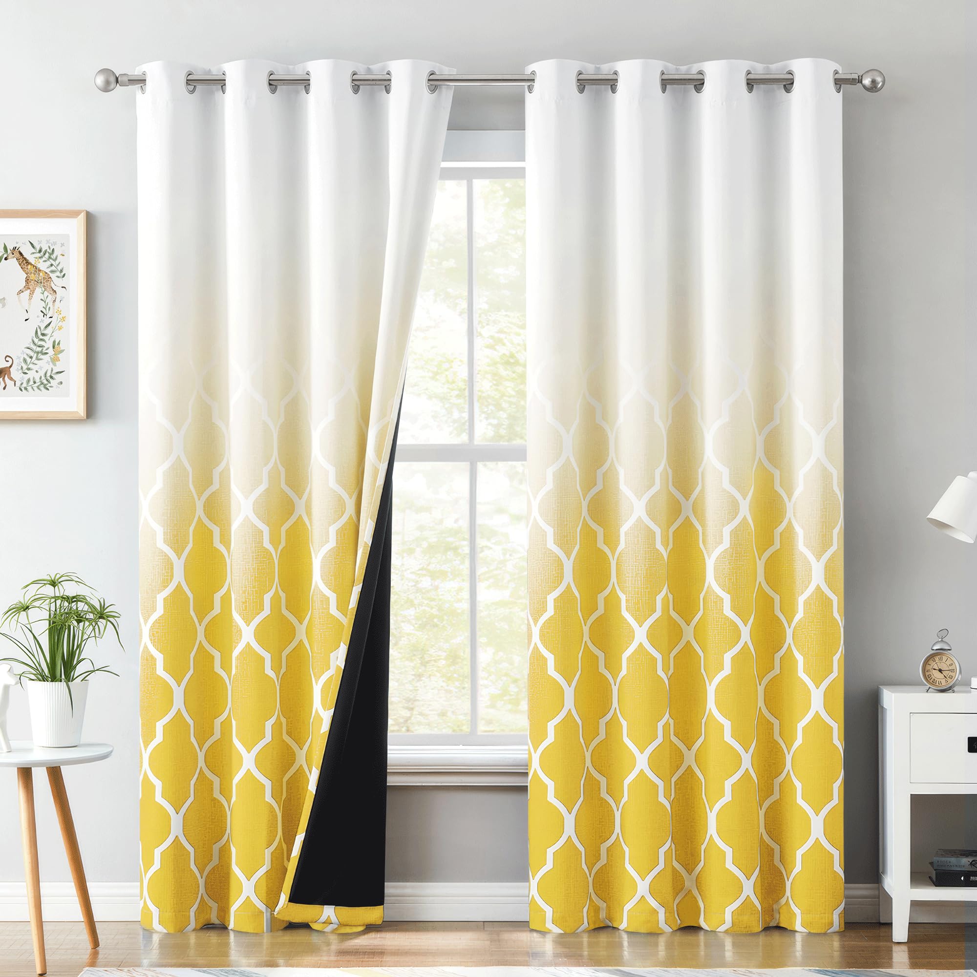 Metro Parlor Ombre Full Blackout Curtains 96 Inches Long 2 Panels For Living Room Bedroom Yellow White Moroccan Printed Grommet