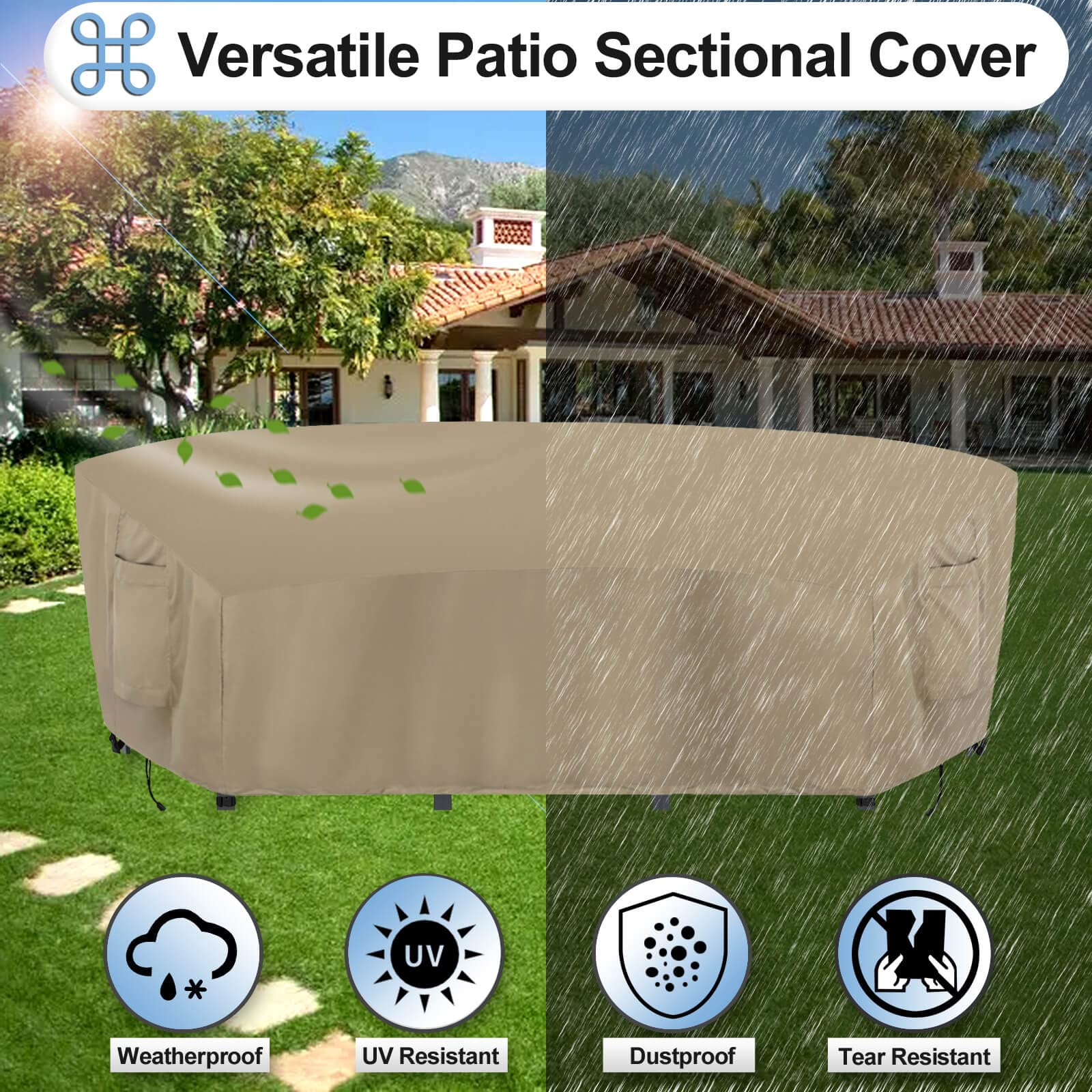 Outdoorlines Waterproof Curved Outdoor Sectional Cover - Uv Resistant Windproof Patio Sectional Sofa Covers For Deck, Lawn And Backyard, Heavy Duty Furniture Covers (190Lx36Dx39Hx128Fl, Camel)