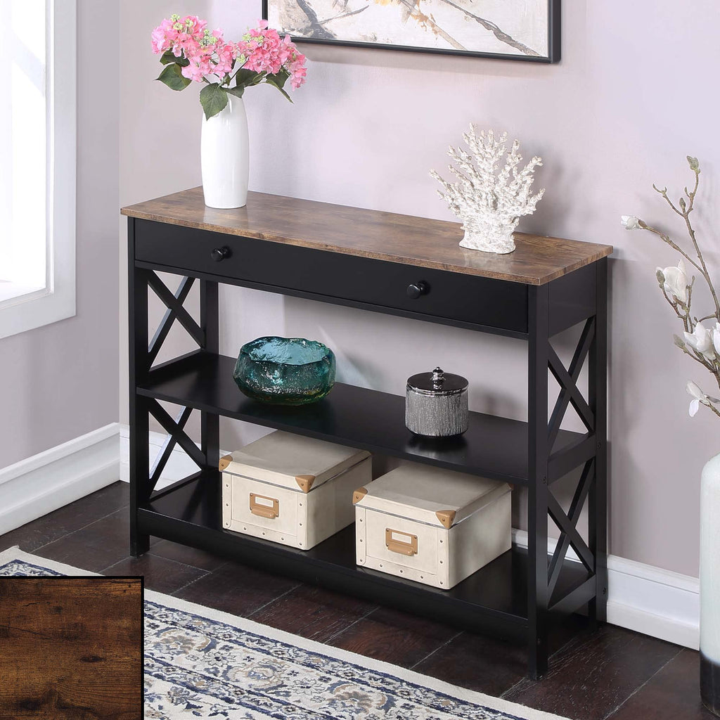 Convenience Concepts Oxford 1 Drawer Console Table With Shelves, Barnwood/Black
