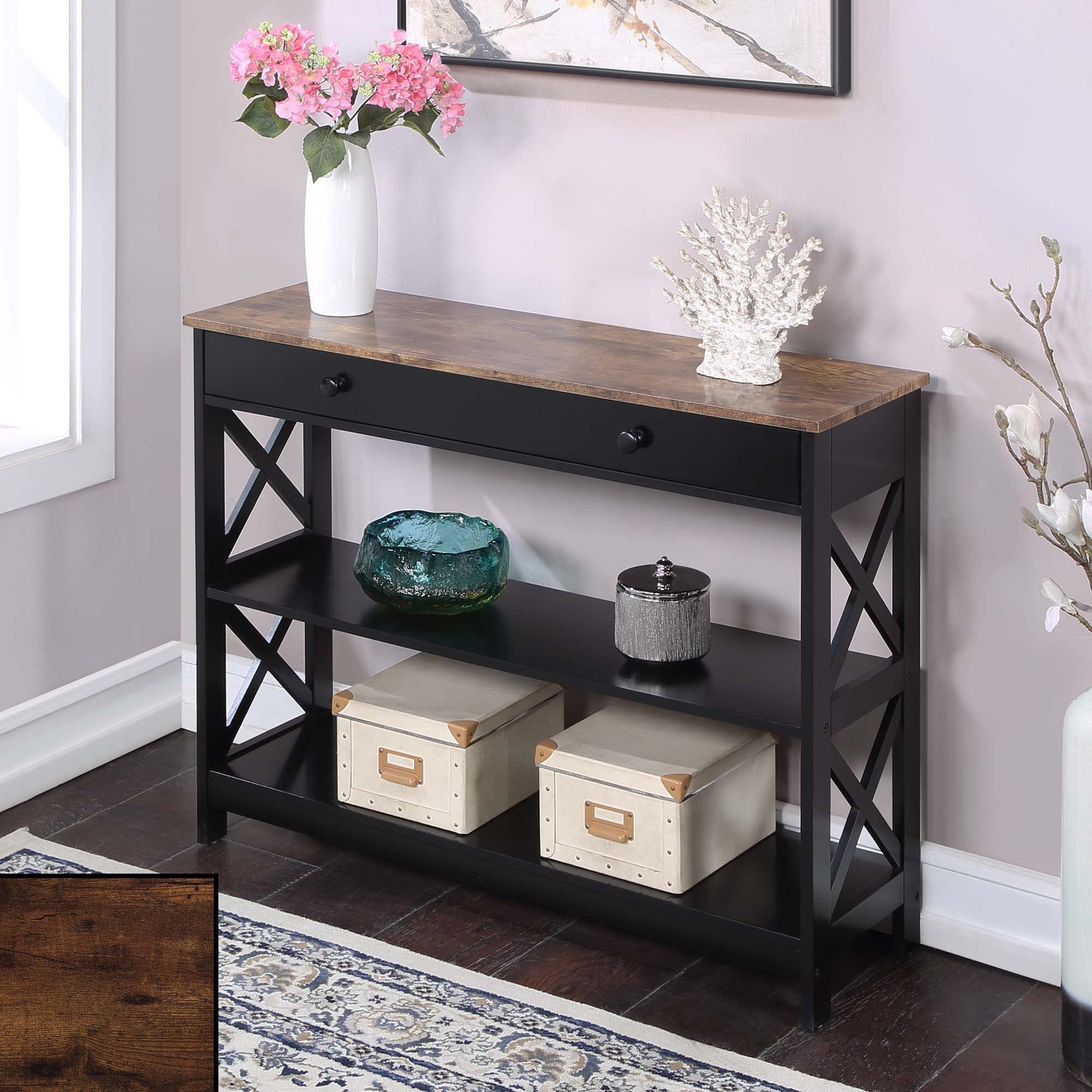Convenience Concepts Oxford 1 Drawer Console Table With Shelves, Barnwood/Black