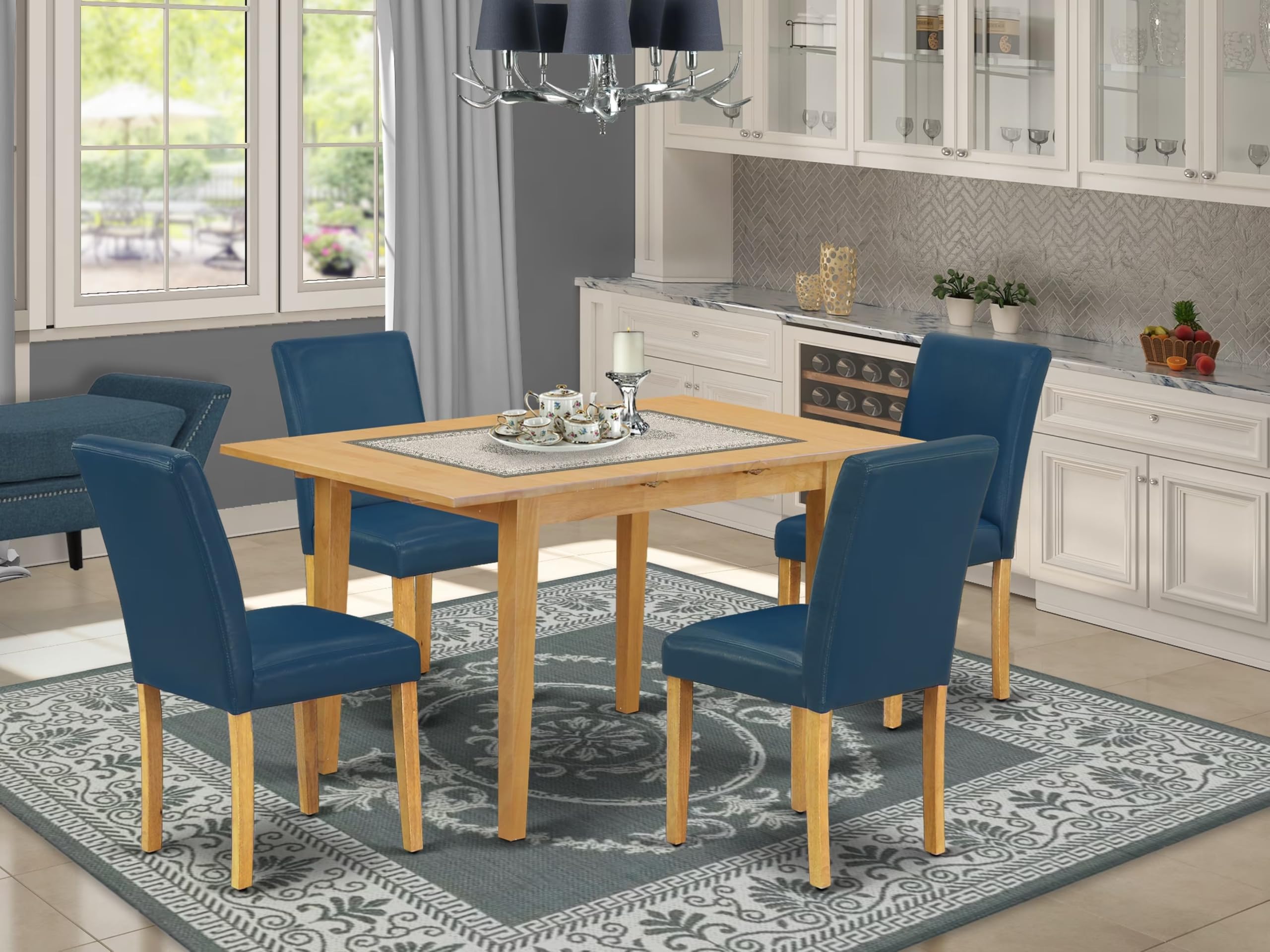 East West Furniture NOAB5-OAK-55 5 Piece Modern Dining Table Set Includes a Rectangle Wooden Table with Butterfly Leaf and 4 Oasis Blue Faux Leather Parson Chairs, 32x54 Inch, Oak
