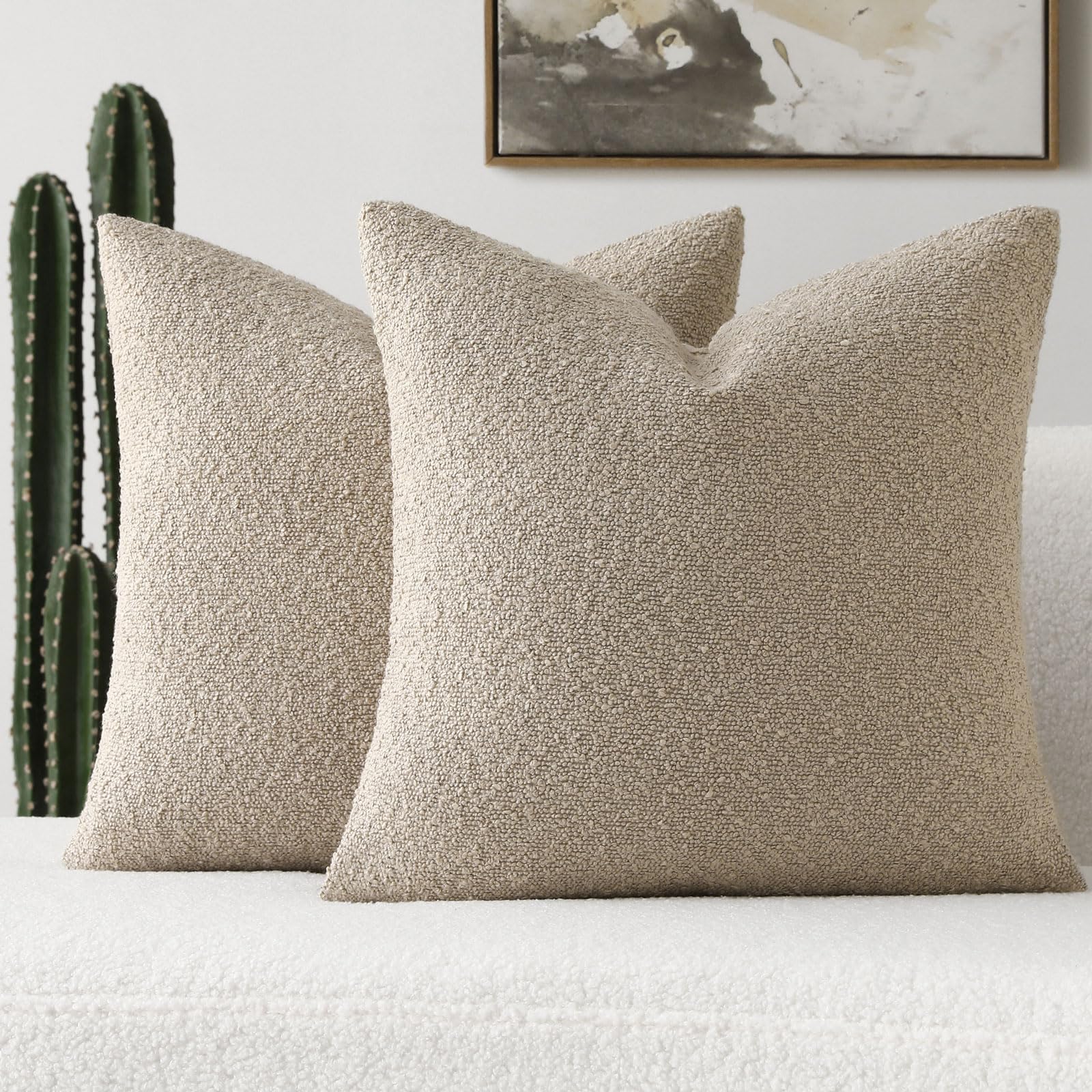 Futei Pack Of 2 Oatmeal Boucle Accent Decorative Throw Pillow Covers,18X18 Inch Soft Solid Textured Cushion Case,Home Decor For