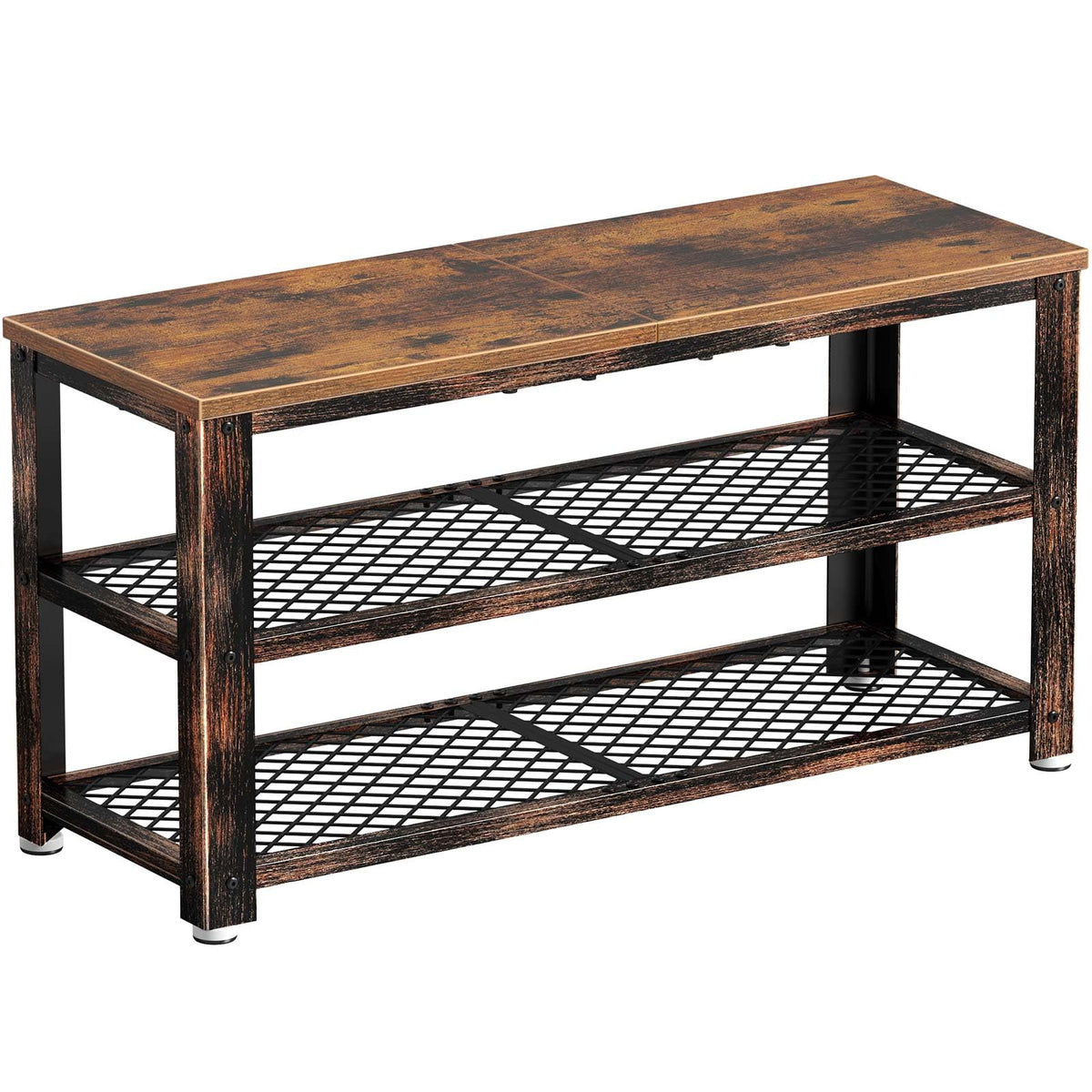 Rolanstar Shoe Bench, 3-Tier Shoe Rack, 28.7” Storage Entry Bench With Mesh Shelves Wood Seat, Rustic Foyer Bench For Hallway Front Door, Doorway, Living Room, Mudroom, Steel Frame, Rustic Brown