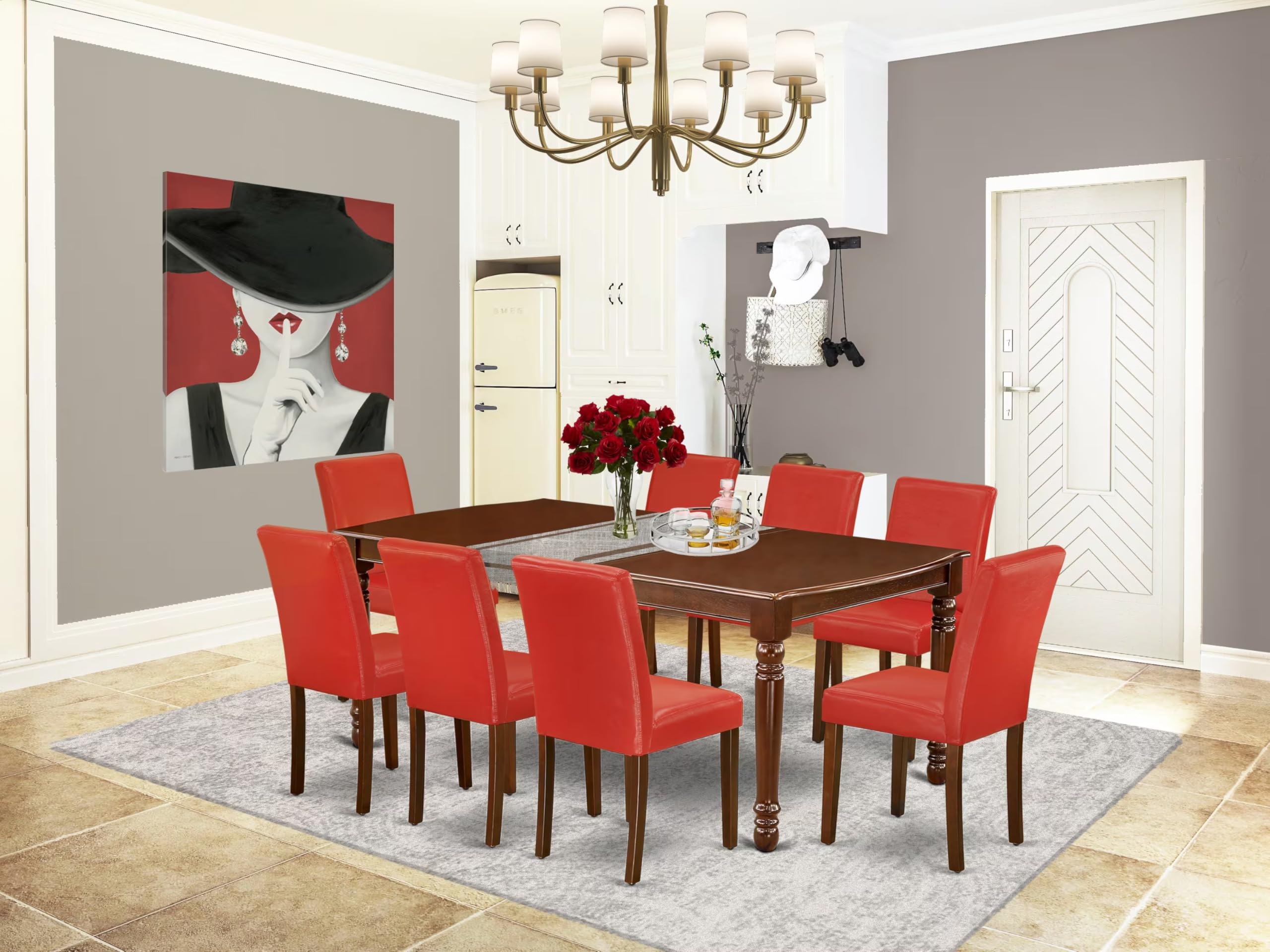 East West Furniture Doab9-Mah-72 9 Piece Dining Set Includes A Rectangle Dining Room Table With Butterfly Leaf And 8 Firebrick Red Faux Leather Upholstered Chairs, 42X78 Inch, Mahogany