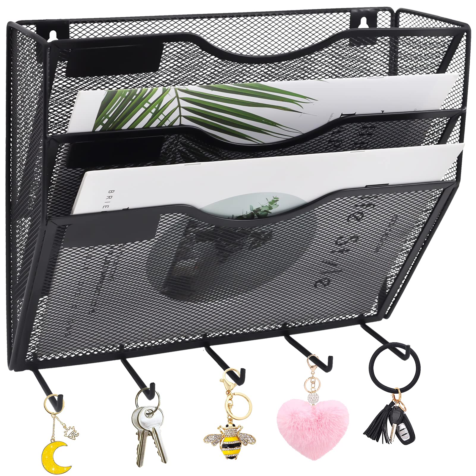 Easepres 3 Pocket Mesh Hanging File Organizer With Key Holder Hooks & Nametag Label, Wall Mounted Mail Paper Document Folder Cli