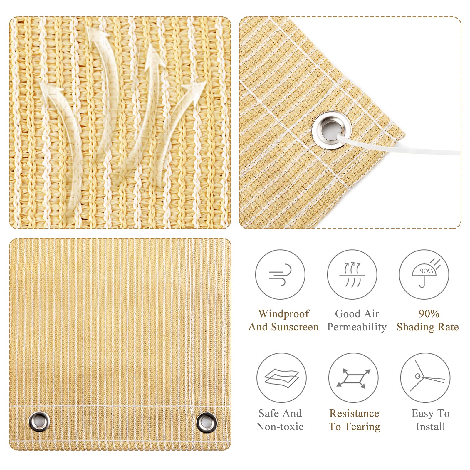 Abosun Outdoor Sun Shade Cloth, 6' X 6', Pergola, Deck, And Backyard Patio Sunshade With Uv Protection, Heat Resistant Hdpe Material, Reinforced Grommets (6X6 Ft, Wheat)
