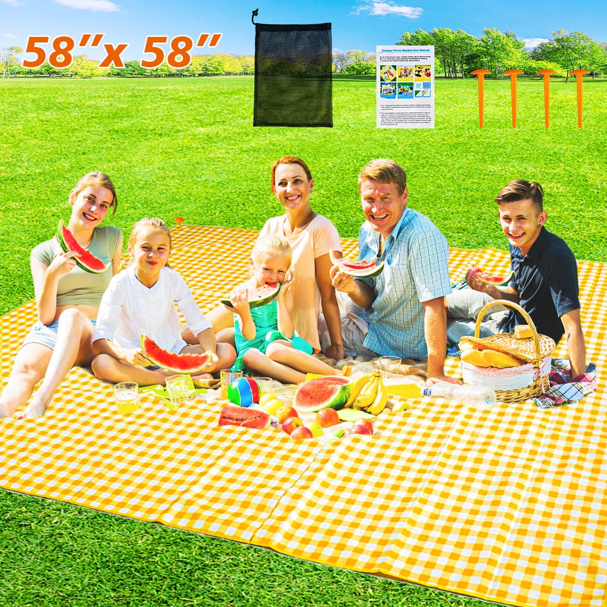 Zhuynxir Extra Large Picnic, Waterproof Blanket, Gingham Picnic Mat For Beach, Camping Grass Picnic Blankets. (Yellow 58X58 Inch