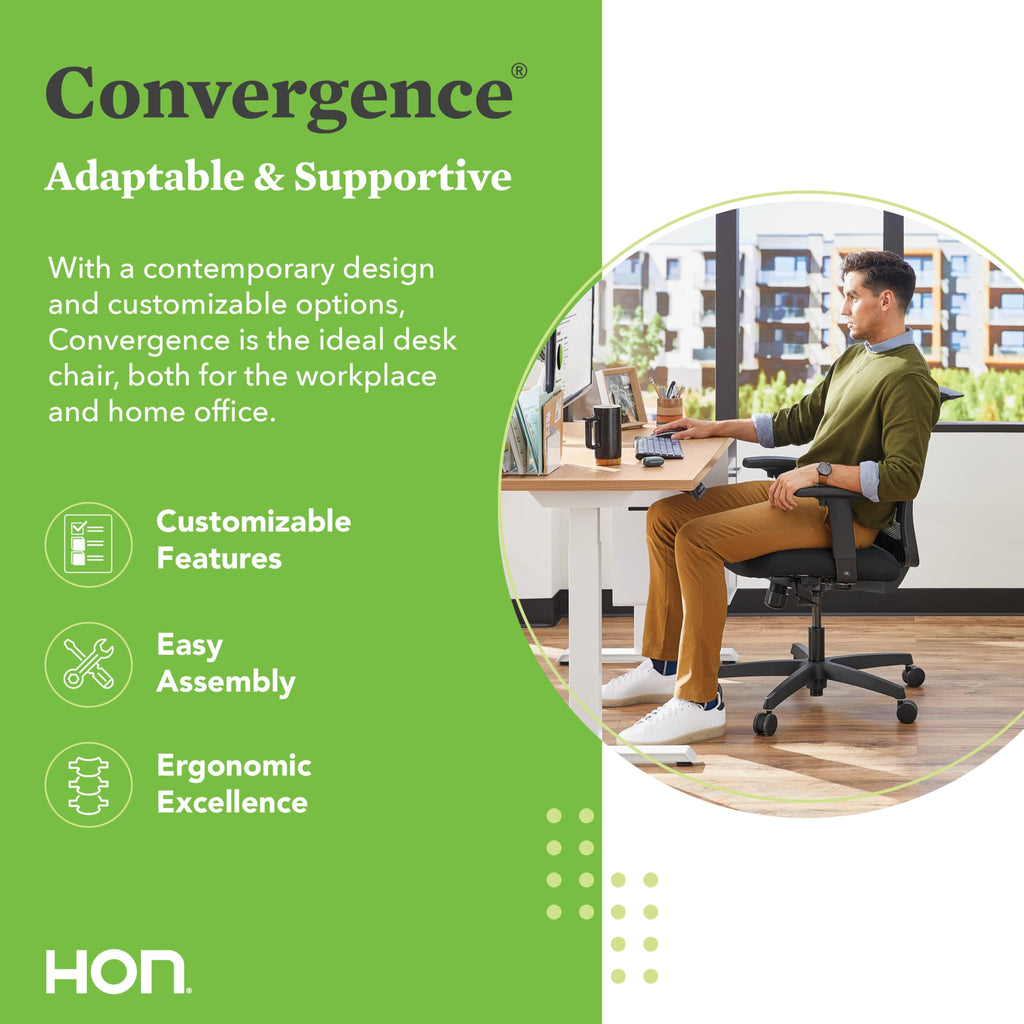 HON Convergence Ergonomic Mesh Back Computer Desk Wheels-Comfortable Home Office Chair, Rolling Swivel, Adjustable Arms, Lumbar Support, Synchro-Tilt Recline, Fabric Seat, Iron Ore