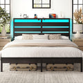 Rolanstar King Size Bed Frame with LED Lights and Charging Station, Wood Storage Headboard and Under Bed Storage, Metal Platform