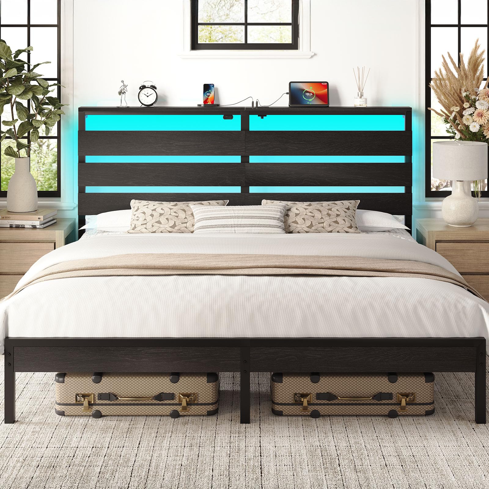 Rolanstar King Size Bed Frame with LED Lights and Charging Station, Wood Storage Headboard and Under Bed Storage, Metal Platform
