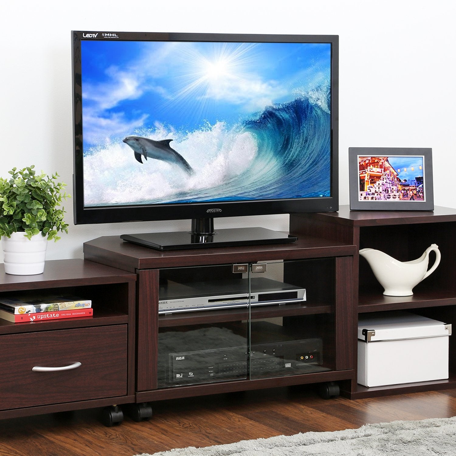 Furinno Indo 3-Tier Petite TV Stand with Glass Doors and Casters, Espresso