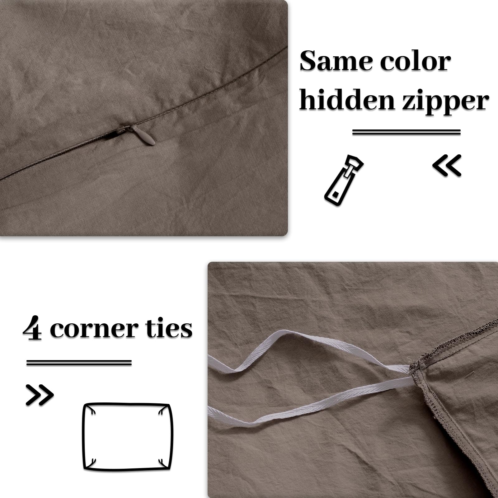 Nexhome Pro Duvet Cover Set 100% Washed Cotton California Kingn 104'X98', Organic Natural Linen Look Textured 3 Pieces Bedding Set Warm Linen Grey With Zipper Closure, Breathable Soft(No Comforter)