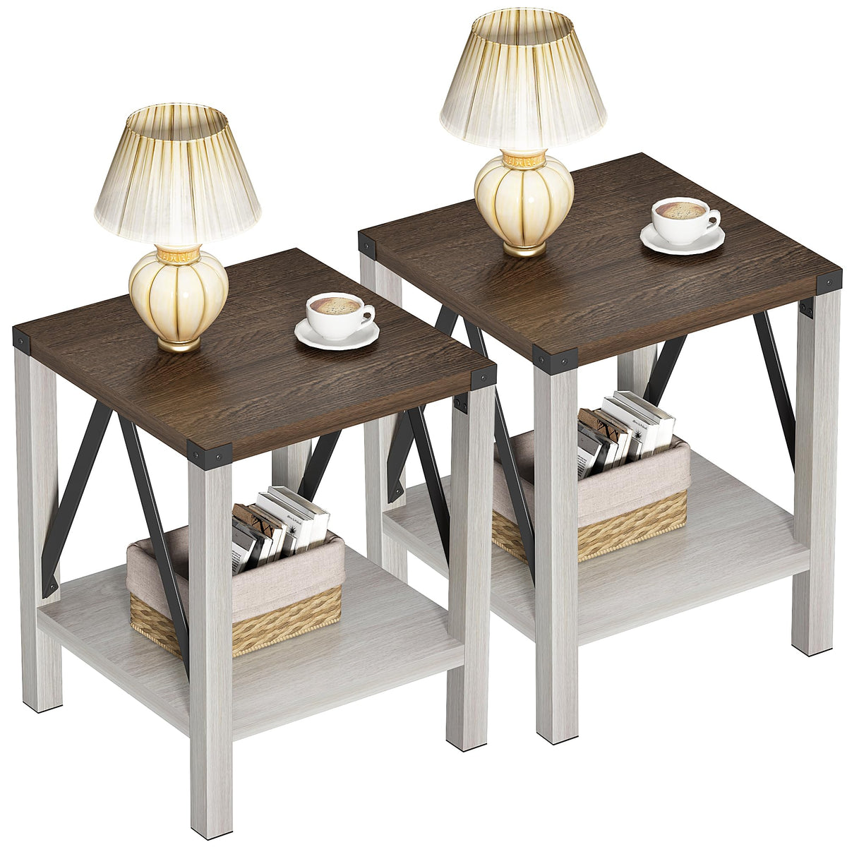Treocho Farmhouse End Table Set of 2 with Storage Shelf