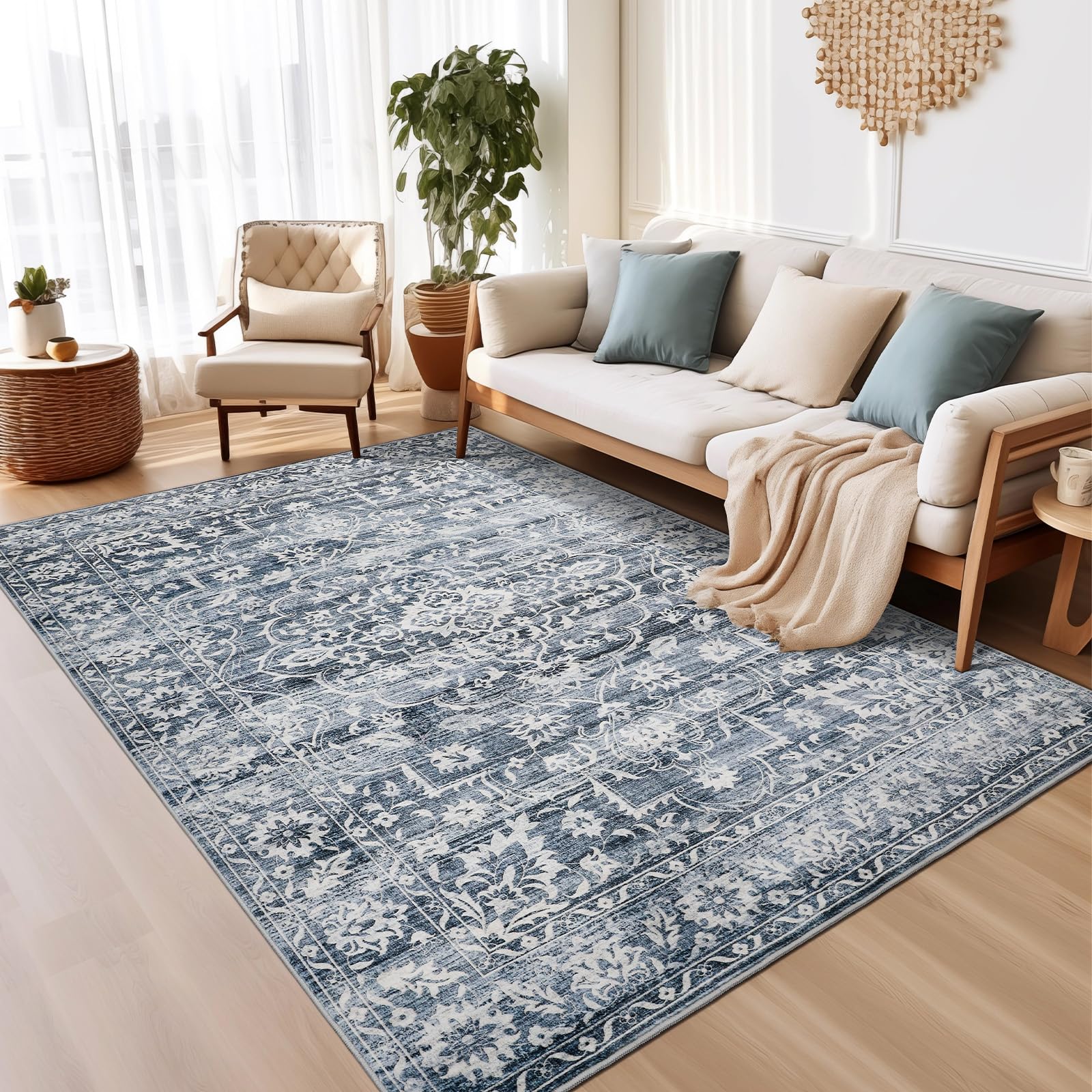 Soalmost Area Rugs 5x7 for Living Room, Floral Washable Rugs for Dining Room, Bedroom, Kitchen, Vintage Non-Slip Thin Area Rug(B