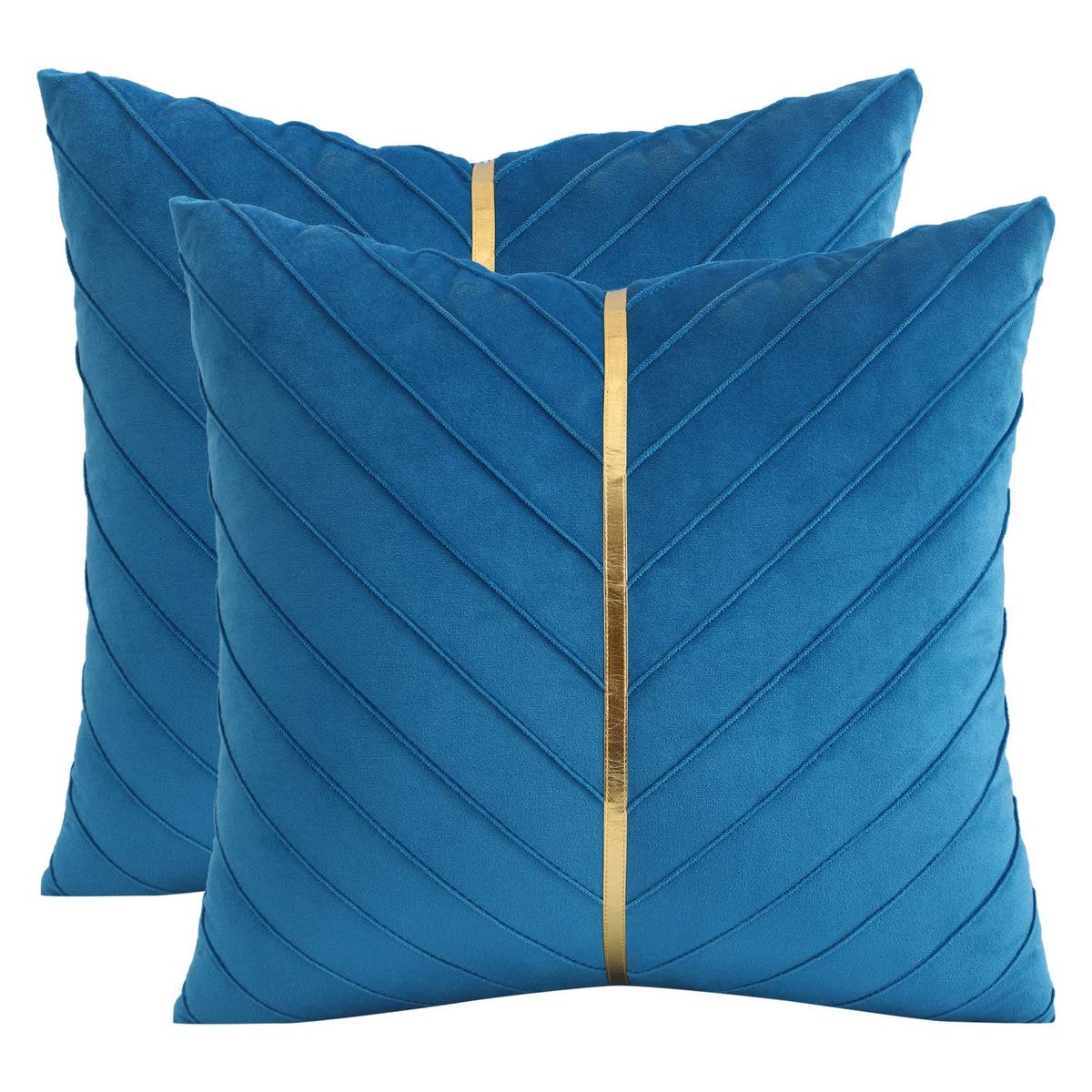 Tosleo Blue Velvet Throw Pillow Covers 16X16 Pack Of 2 With Gold Leather,Decorative Couch Pillowcases Luxury Modern Pillow Cover
