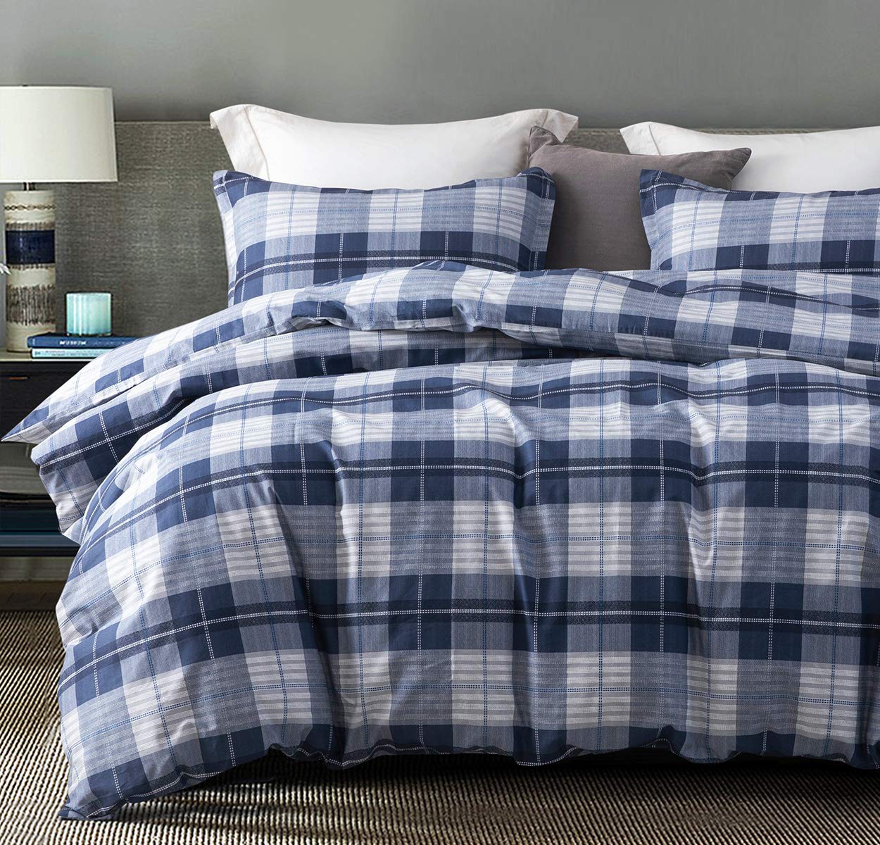 Sleepbella Comforter Queen Size, 600 Thread Count Cotton Navy Blue & Grey Buffalo Pattern Blue Plaid Comforter Sets,Down Alterna