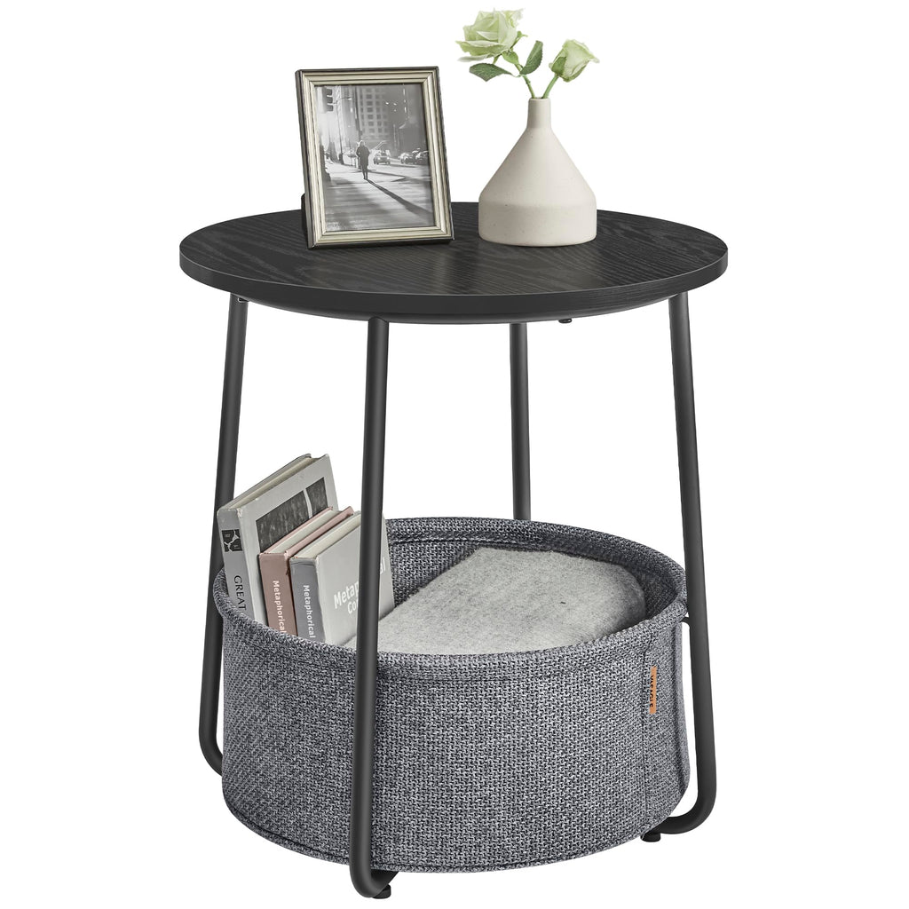 Vasagle End Table, Small Bedside Table With Fabric Basket, Modern Nightstand, Round Side Table, For Living Room, Bedroom, Ebony Black And Slate Gray Ulet223B01