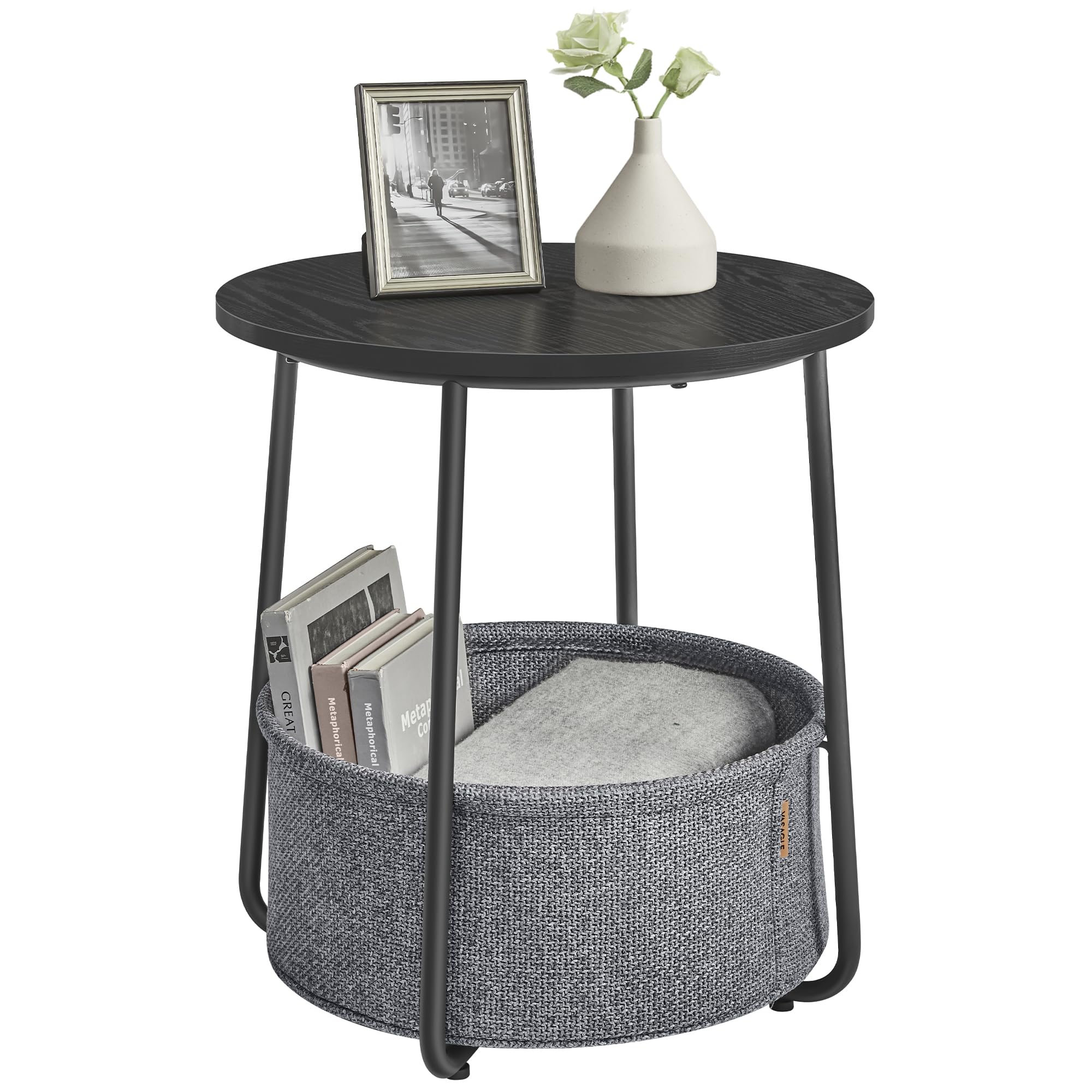 Vasagle End Table, Small Bedside Table With Fabric Basket, Modern Nightstand, Round Side Table, For Living Room, Bedroom, Ebony Black And Slate Gray Ulet223B01