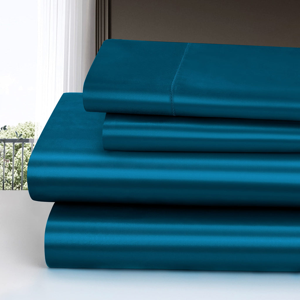 Homiest 4Pcs Satin Sheets Set Luxury Silky Satin Bedding Set With Deep Pocket, 1 Fitted Sheet + 1 Flat Sheet + 2 Pillowcases (King Size, Dark Teal)