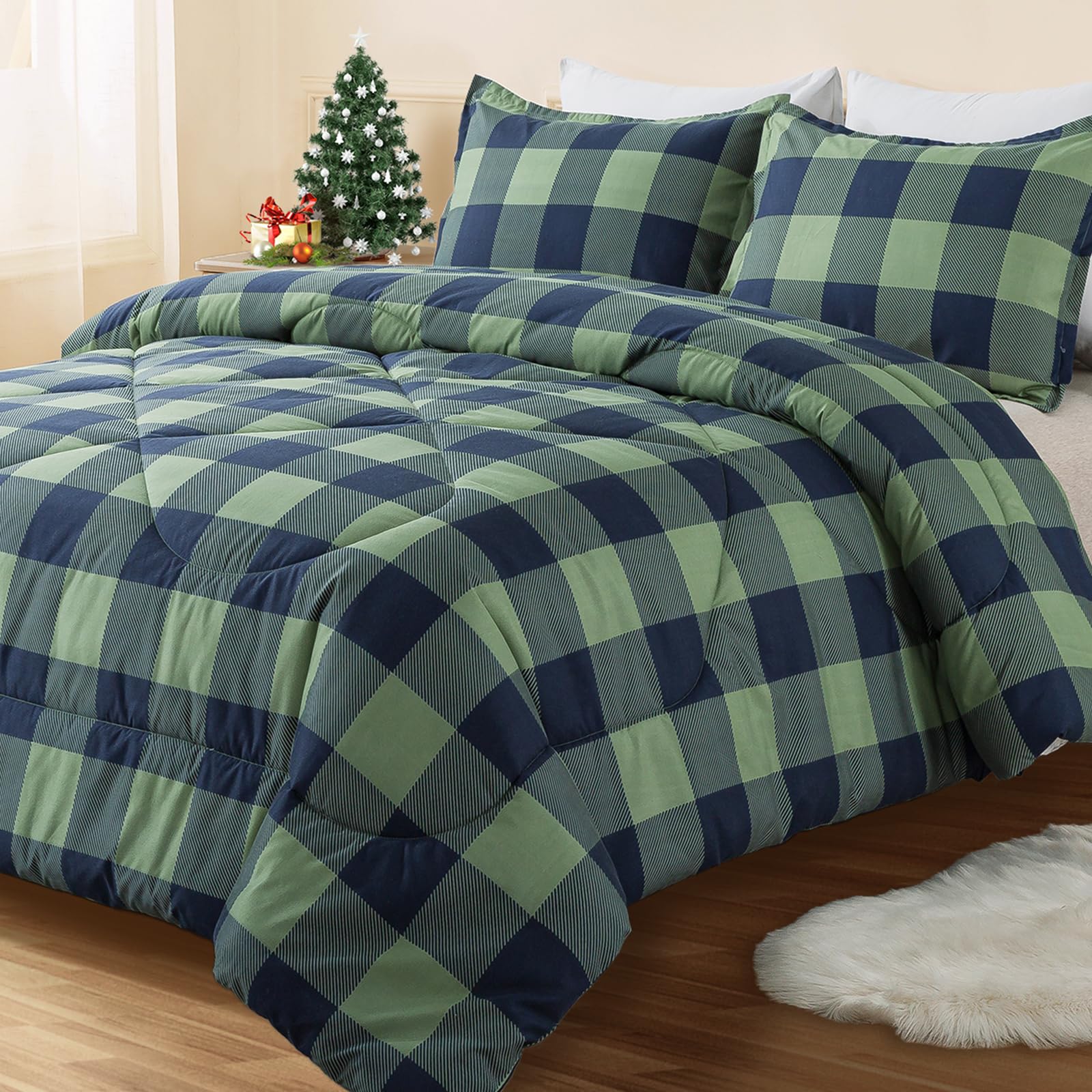 Andency Green Plaid Comforter King (104X90 Inch), 3 Pieces (1 Comforter And 2 Pillowcases) Buffalo Check Grid Bedding, Geometric