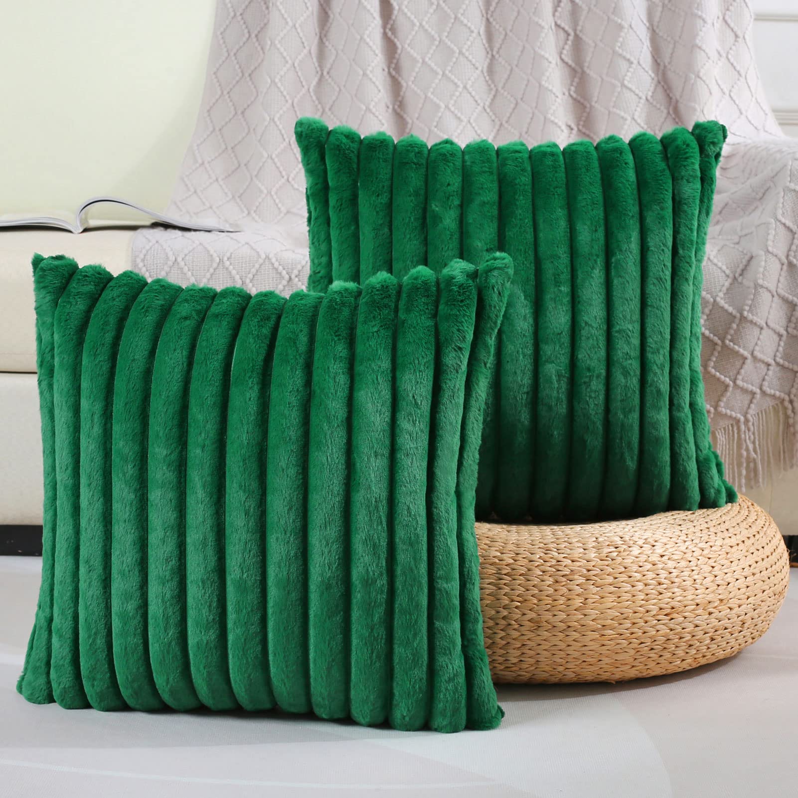 Futei Emerald Green Striped Decorative Throw Pillow Covers 18X18 Inch Set Of 2,Square Spring Decorations Couch Pillow Case,Soft