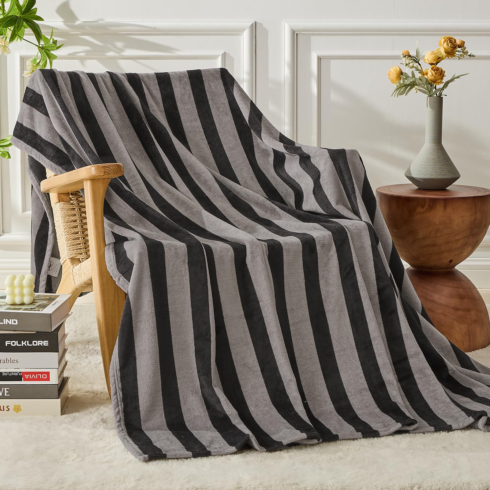 Fy Fiber House Striped Flannel Queen Blanket - Soft Cozy Striped Blanket For Couch, Sofa, Or Bed - 90'X90', Black Grey, All Se