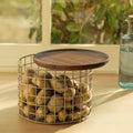 Ellementry Twine Metal Wire Kitchen Vegetable Storage Basket With Wooden Lid, Fruit Basket For Pantry, Countertop MultiFunction