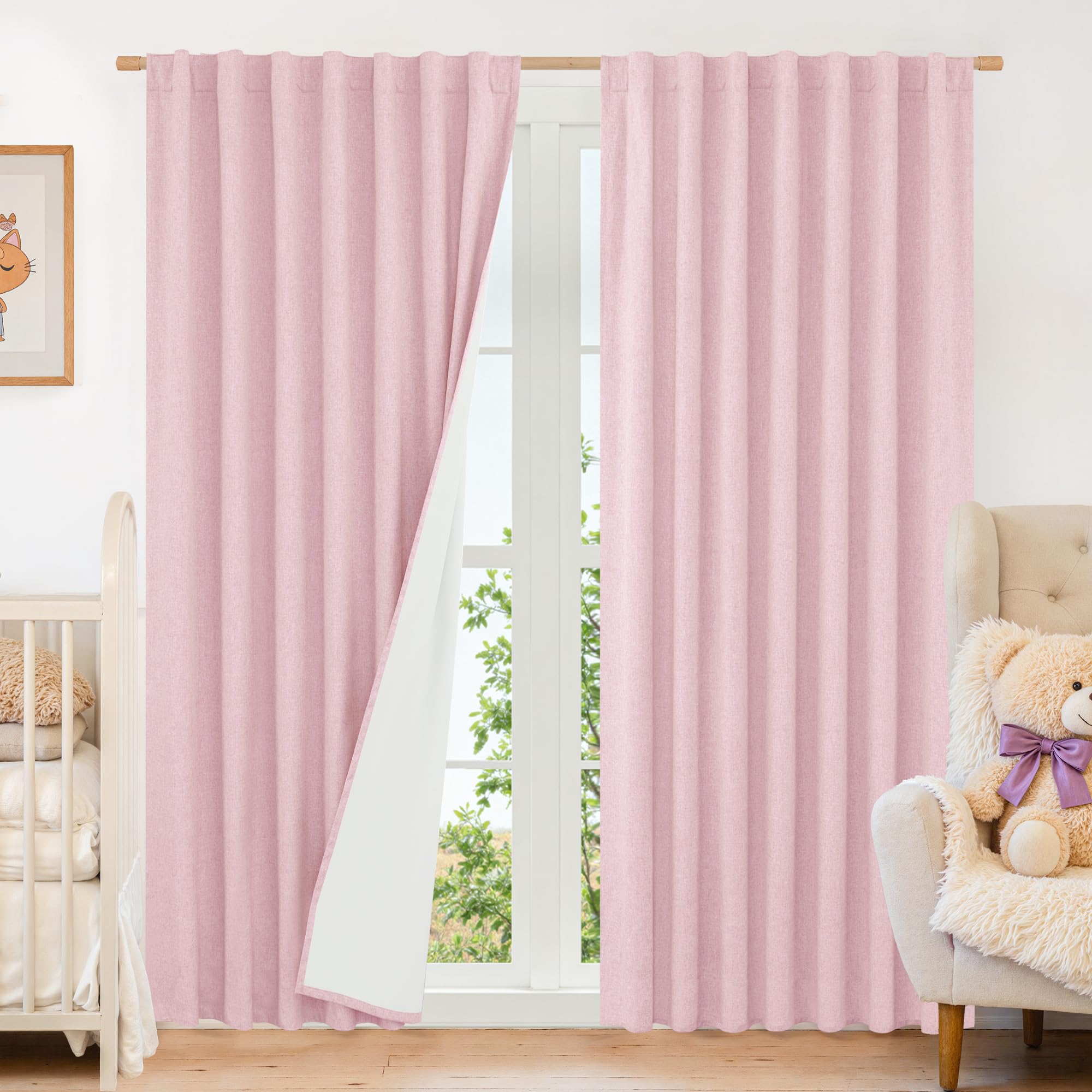 LAMIT Pink 100% Blackout Linen Curtains, 84 Inch Linen Textured Living Room Farmhouse Curtains Room Darkening Back Tab and Rod P