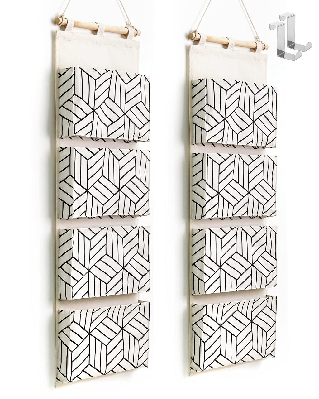 CROWNED 2Pcs Over Door Hanging Storage Bags Wall Mount Closet Organizer, 4 Big Pockets Linen Cotton Fabric Living Room Bedroom B