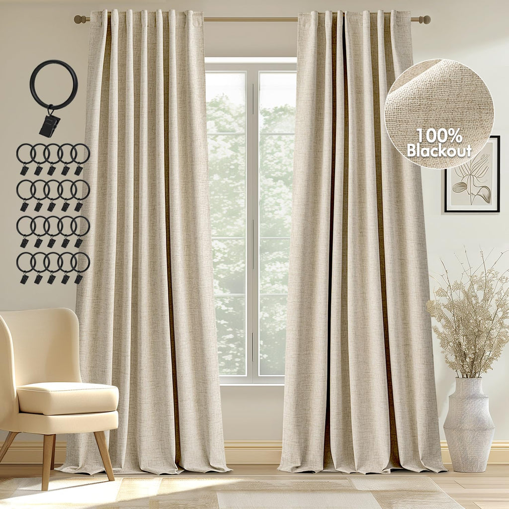 Miulee 100% Blackout Linen Curtains 108 Inches Long 2 Panels Back Tab Bedroom Drapes Living Room Black Out Window Treatments Thermal Insulated Room Darkening Rod Pocket, Natural Cream Beige