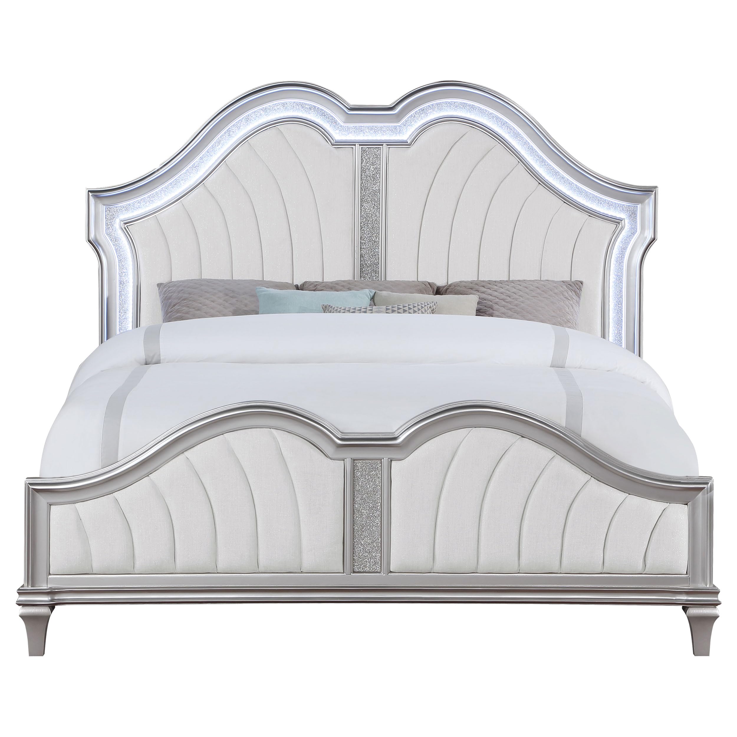 Coaster Home Furnishings Evangeline Modern Classic Chenille Upholstered Eastern King Size LED Panel Bed Frame 67-inch Headboard Silver Oak 223391KE