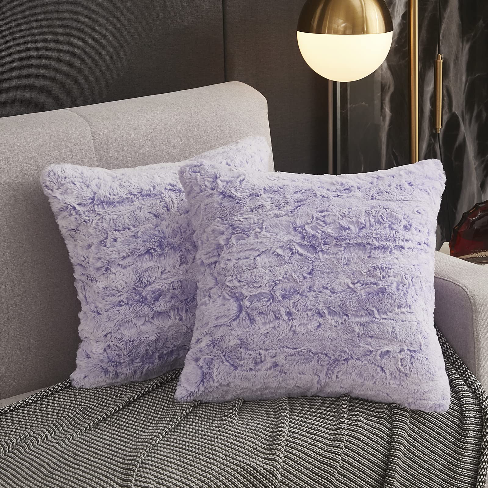 Uhamho Faux Rabbit Fur Pillowcases 18 X 18 Inch Set Of 2 Solid Velvet Back Throw Pillow Cover Square Cushion Case Zipper Closure