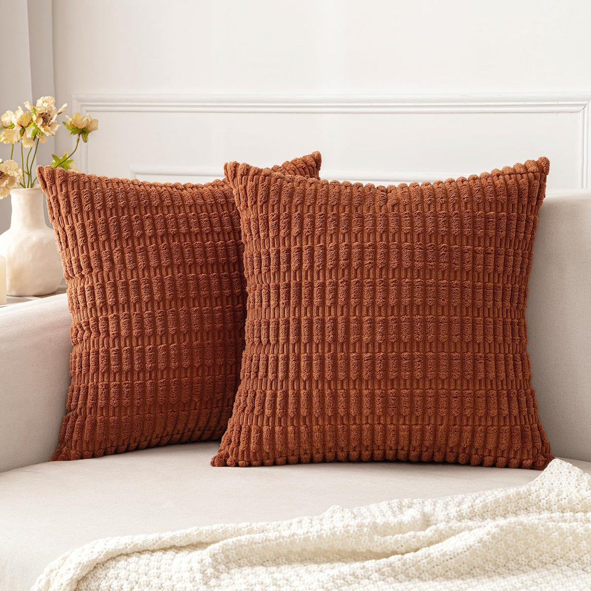 Miulee Pack Of 2 Corduroy Decorative Throw Pillow Covers 16X16 Inch Soft Boho Striped Fall Pillow Covers Modern Farmhouse Home D