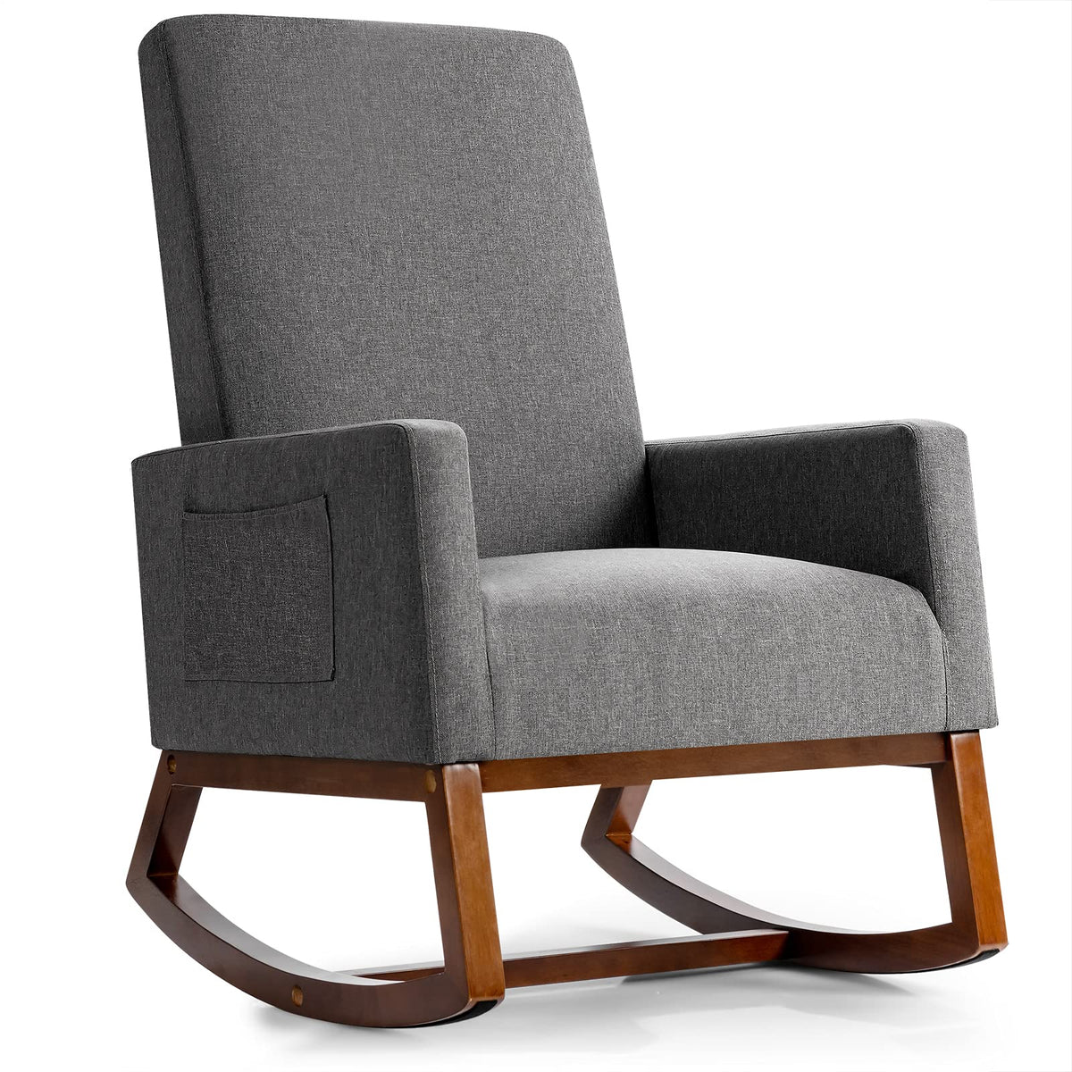 Giantex Upholstered Rocking Chair, Modern Fabric Armchair W/Wood Base, Side Pocket, Linen Padded Seat, High Back Accent Glider Rocker Chair, Mid-Century Leisure Chair For Nursery, Living Room (Gray)