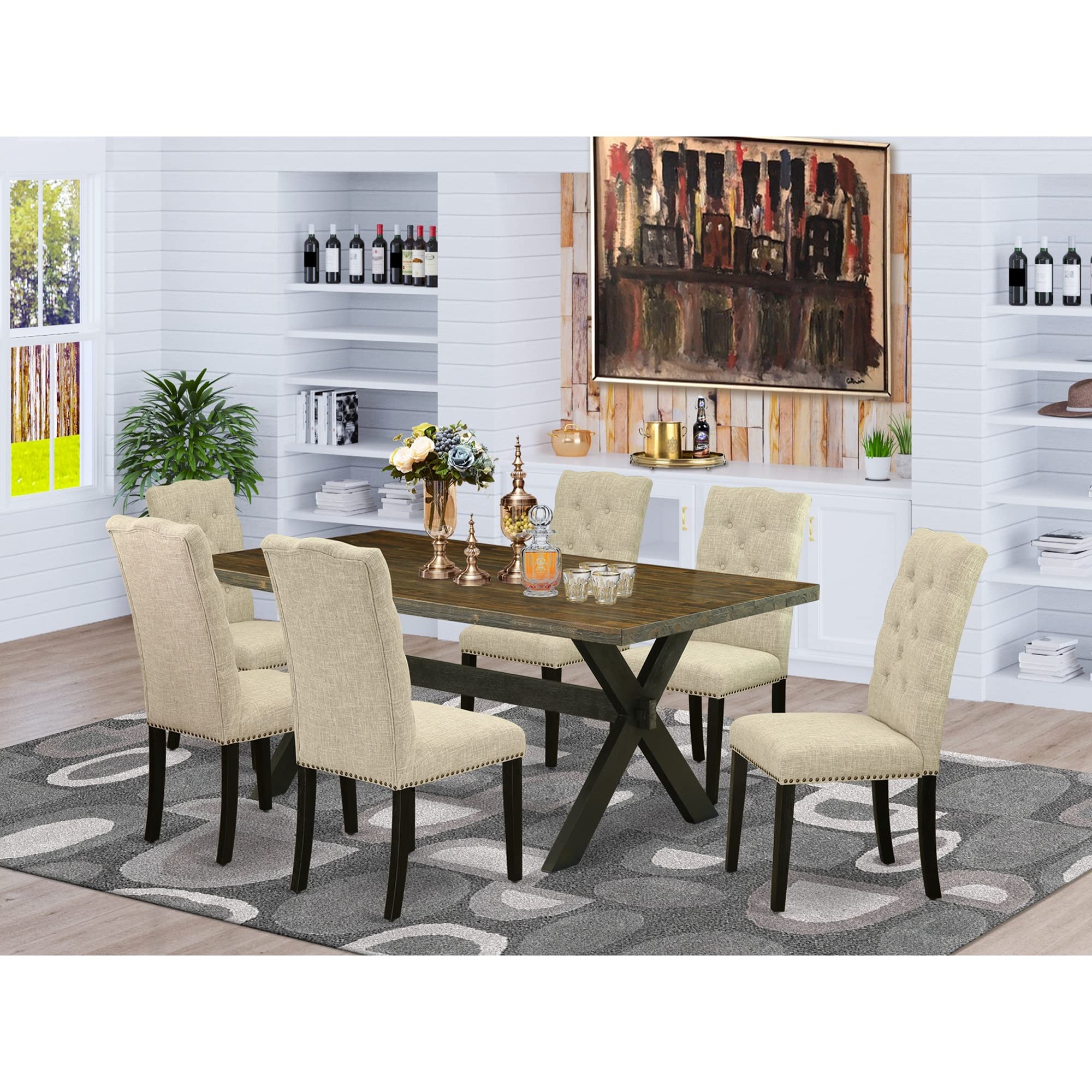 East West Furniture X026En257-7 7 Piece Kitchen Table Set Consist Of A Rectangle Dining Table With X-Legs And 6 Pond Faux Leather Parson Dining Room Chairs, 36X60 Inch, Multi-Color
