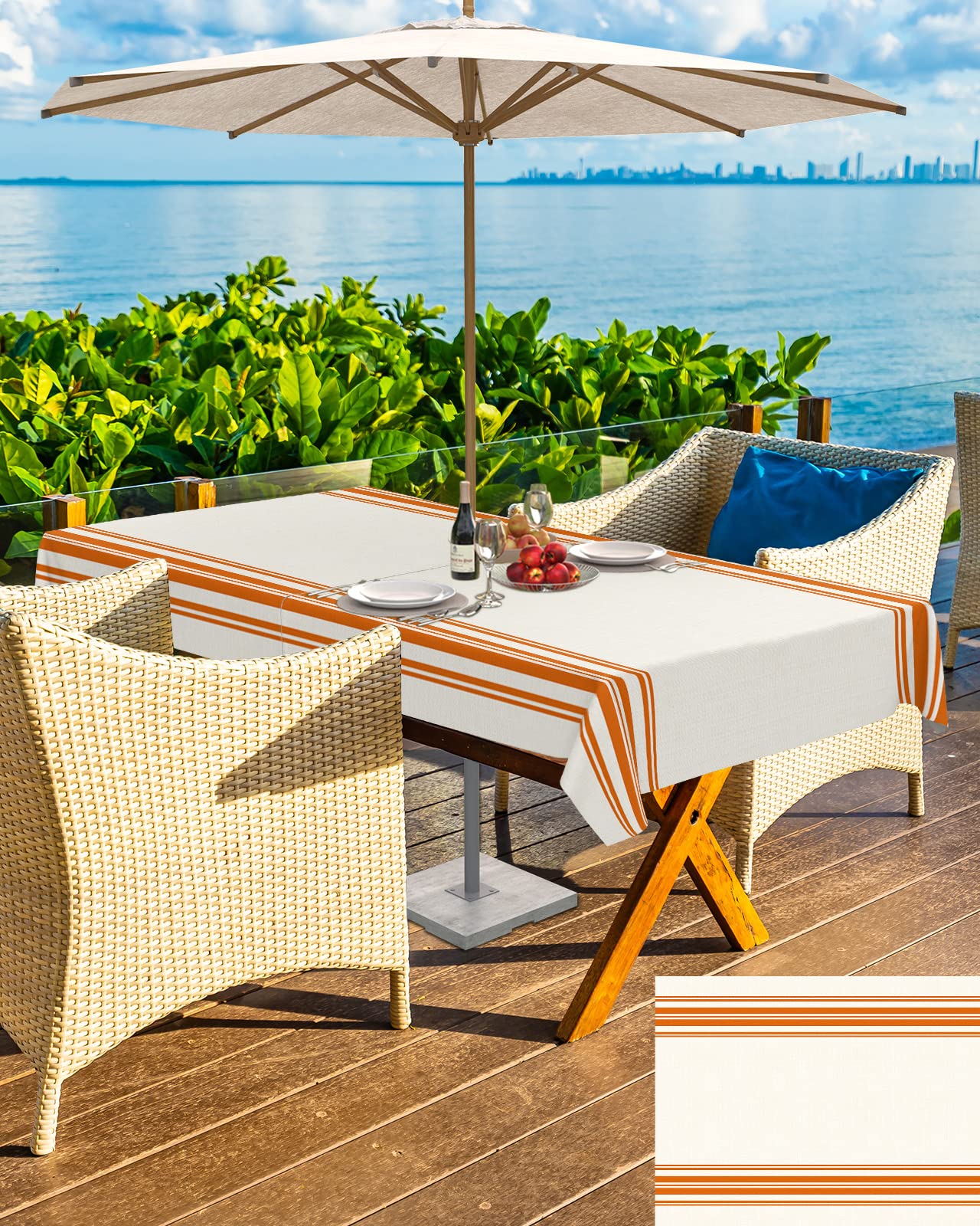 Fall Outdoor Tablecloth With Umbrella Hole, Farmhouse Orange Stripe Rectangle Tables Zippered Table Cloth Waterproof Tabletop Ta