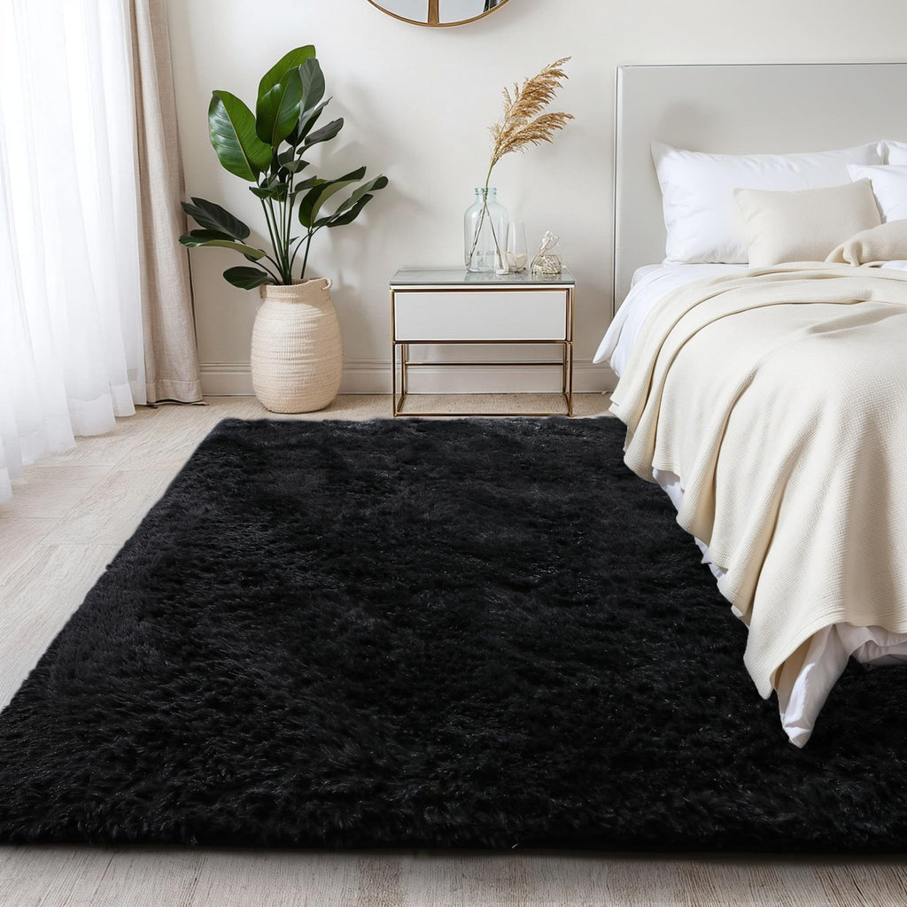KCHOWUA Black Rug for Bedroom Fluffy Rug 4x6 Rug for Living Room Thick Machine Washable Plush Carpet for College Dorm Soft Shag 