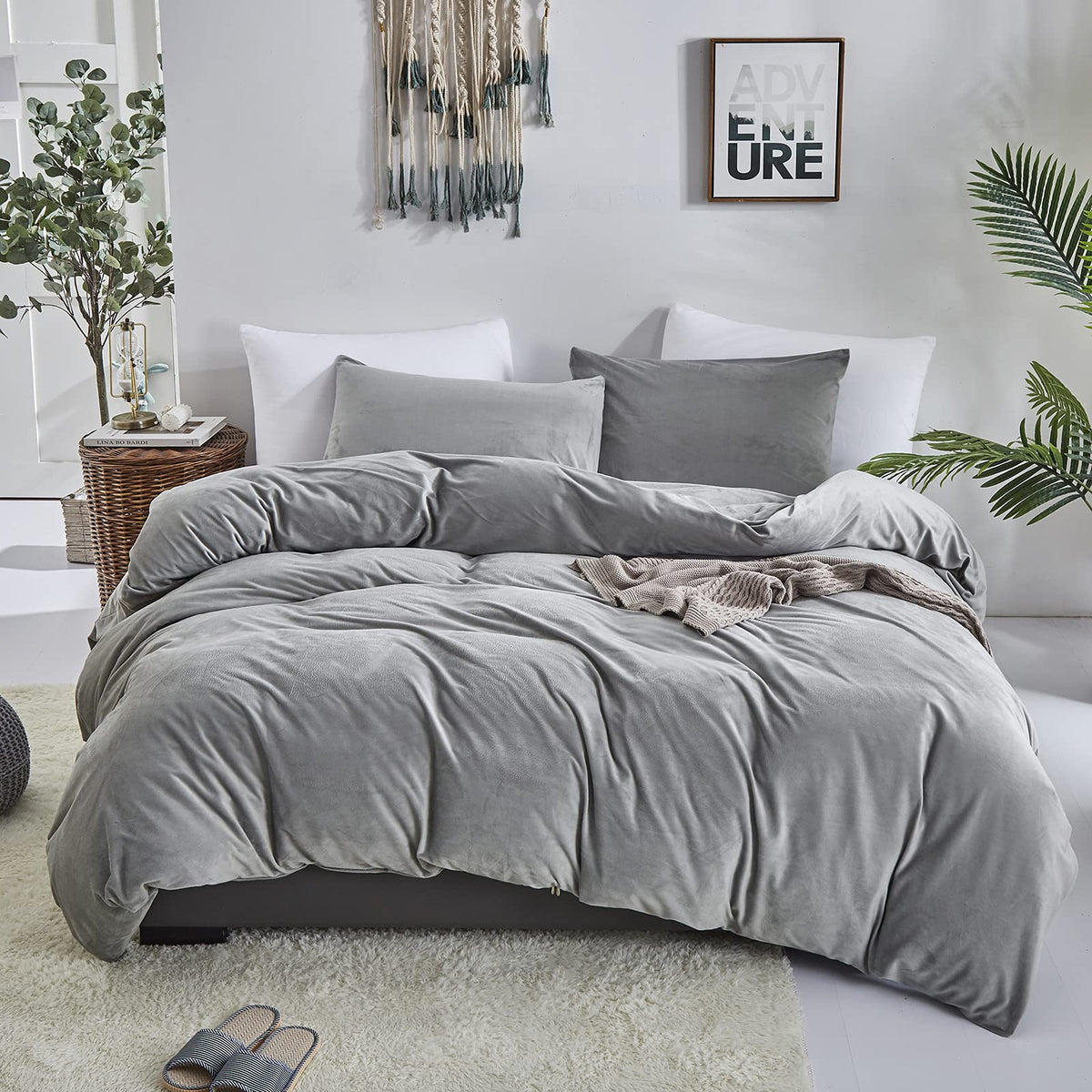 Clothknow Grey Velvet Comforter Set Full Grey Fluffy Bedding Comforter Set Full Velvet Comforter Gray Bedding Soft Cozy Women Me