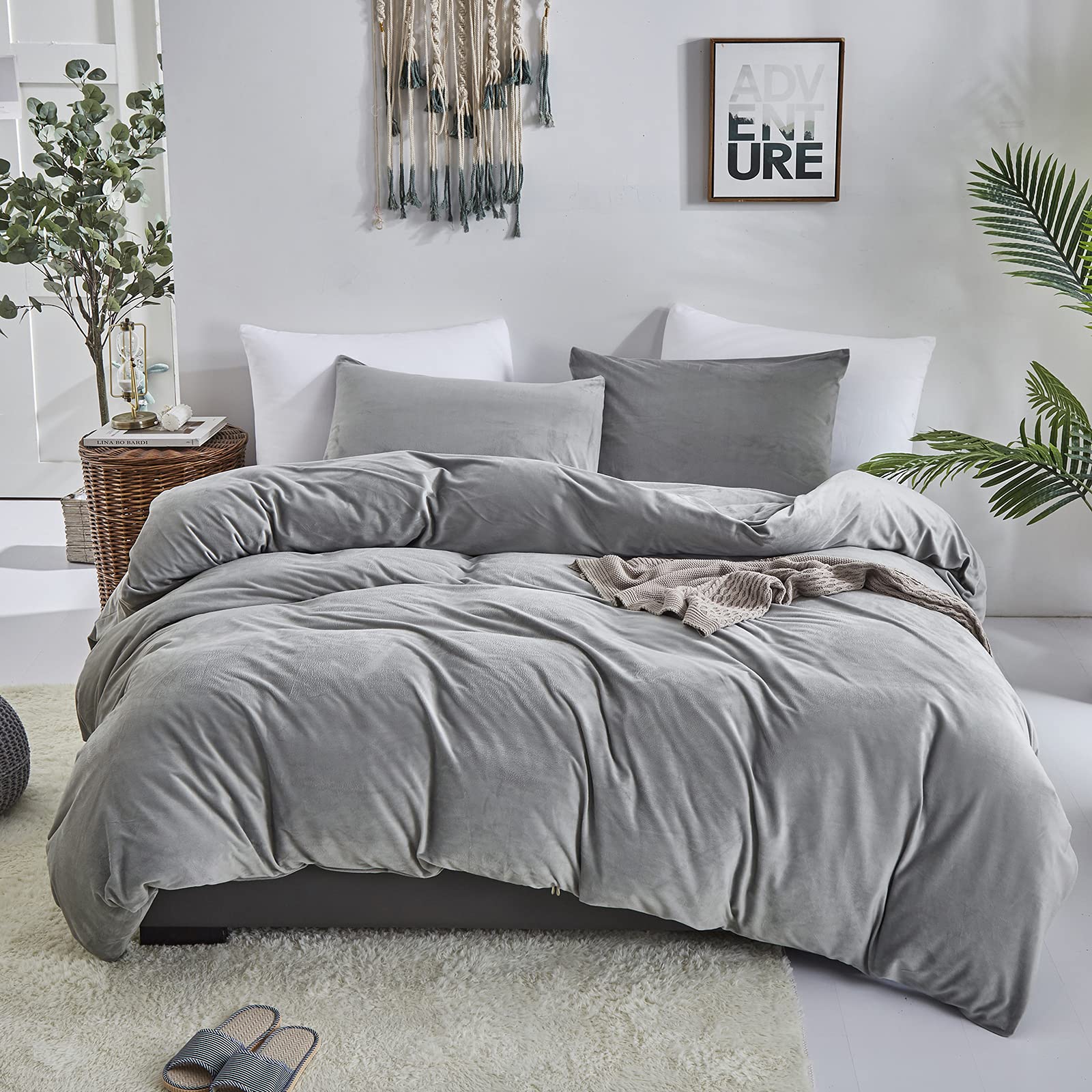 Clothknow Grey Velvet Comforter Set California King Gray Bedding Comforter Sets Fluffy Comforter Grey Bedding Sets Oversized King Comforter 3Pcs Grey Comforter Sets Cal King