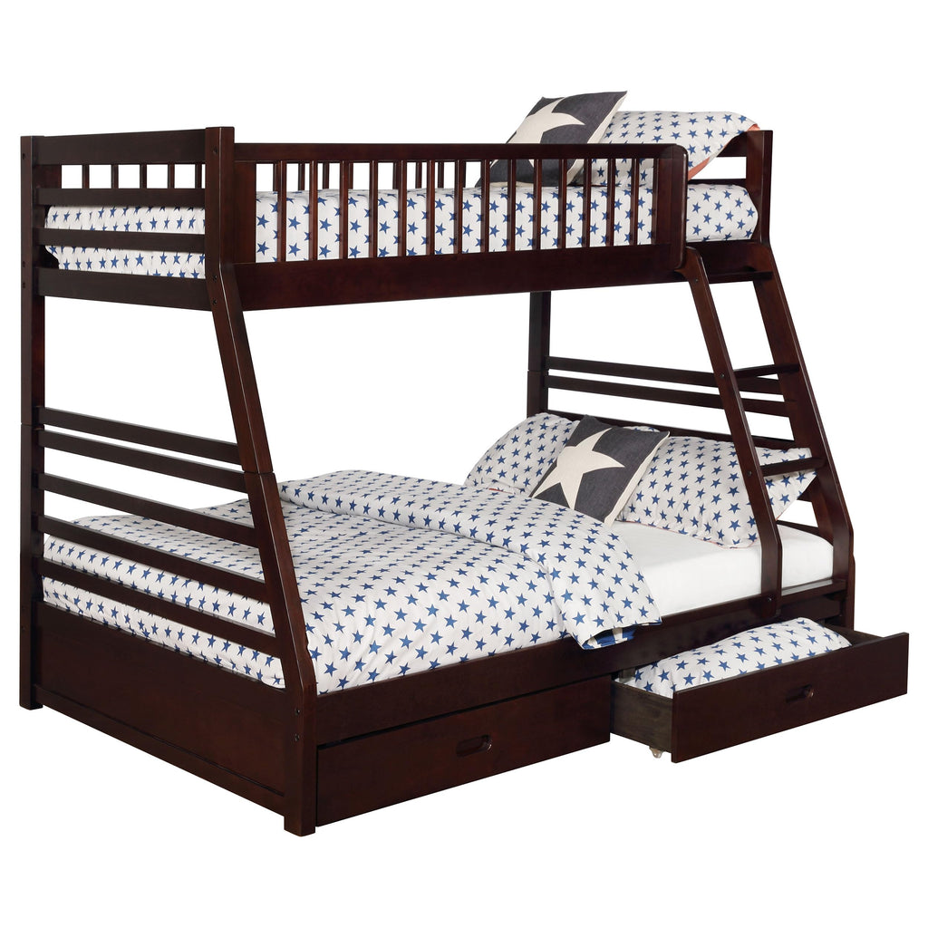 Coaster Home Furnishings Ashton Transitional Wood Twin Over Full Size Bunk Bed Frame with Ladder and Guardrails with Two Storage Drawers Fully Slatted Mattress Ready Foundation Cappuccino 460184