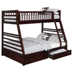 Coaster Home Furnishings Ashton Transitional Wood Twin Over Full Size Bunk Bed Frame with Ladder and Guardrails with Two Storage Drawers Fully Slatted Mattress Ready Foundation Cappuccino 460184