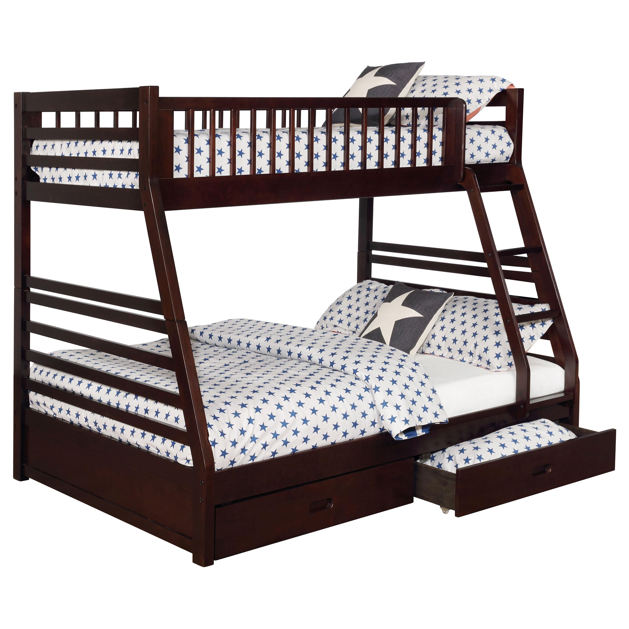 Coaster Home Furnishings Ashton Transitional Wood Twin Over Full Size Bunk Bed Frame with Ladder and Guardrails with Two Storage Drawers Fully Slatted Mattress Ready Foundation Cappuccino 460184